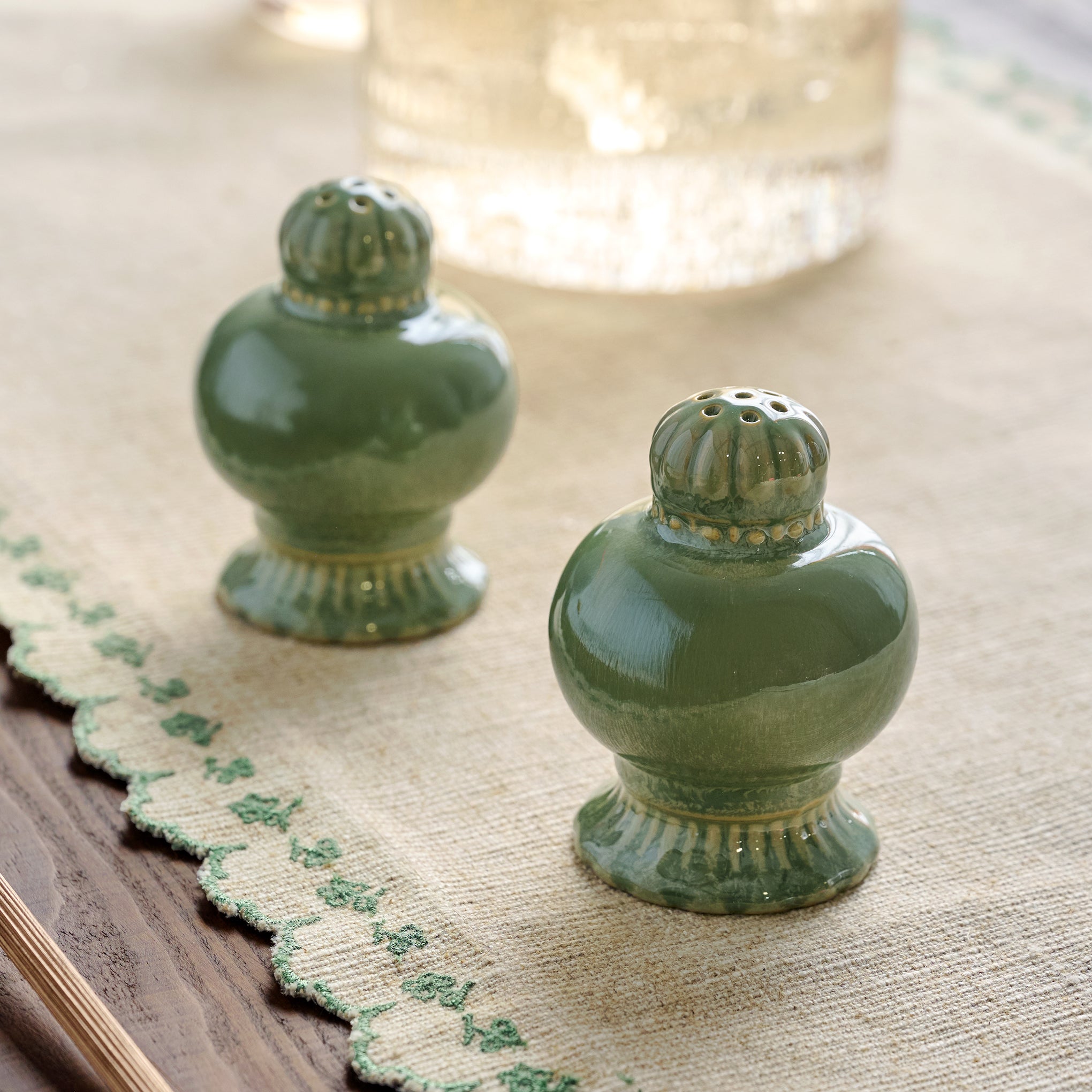 Margaret Vintage-Inspired Salt + Pepper Set shown on tabletop
