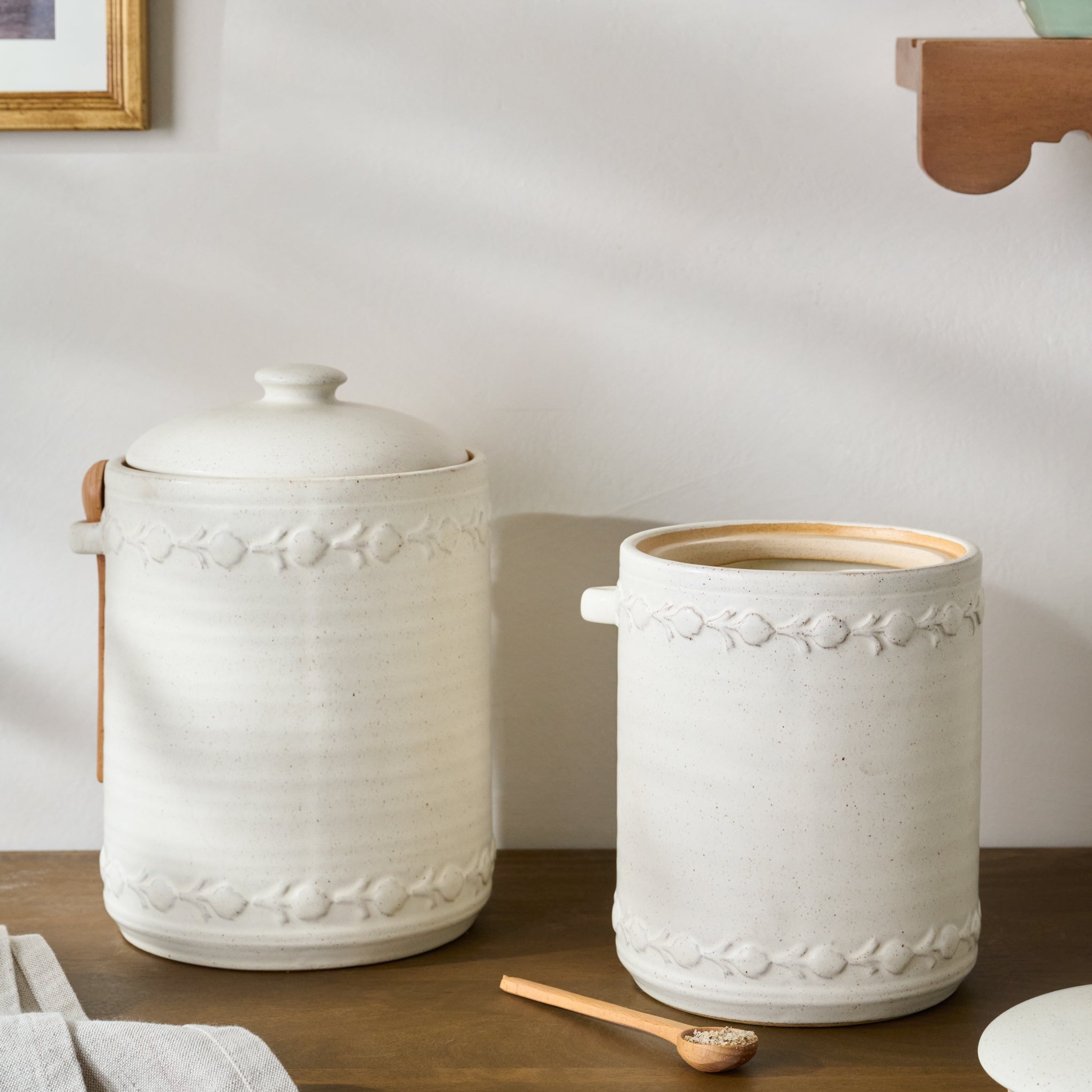 Emilie French White Canister + Scoops shown on counter