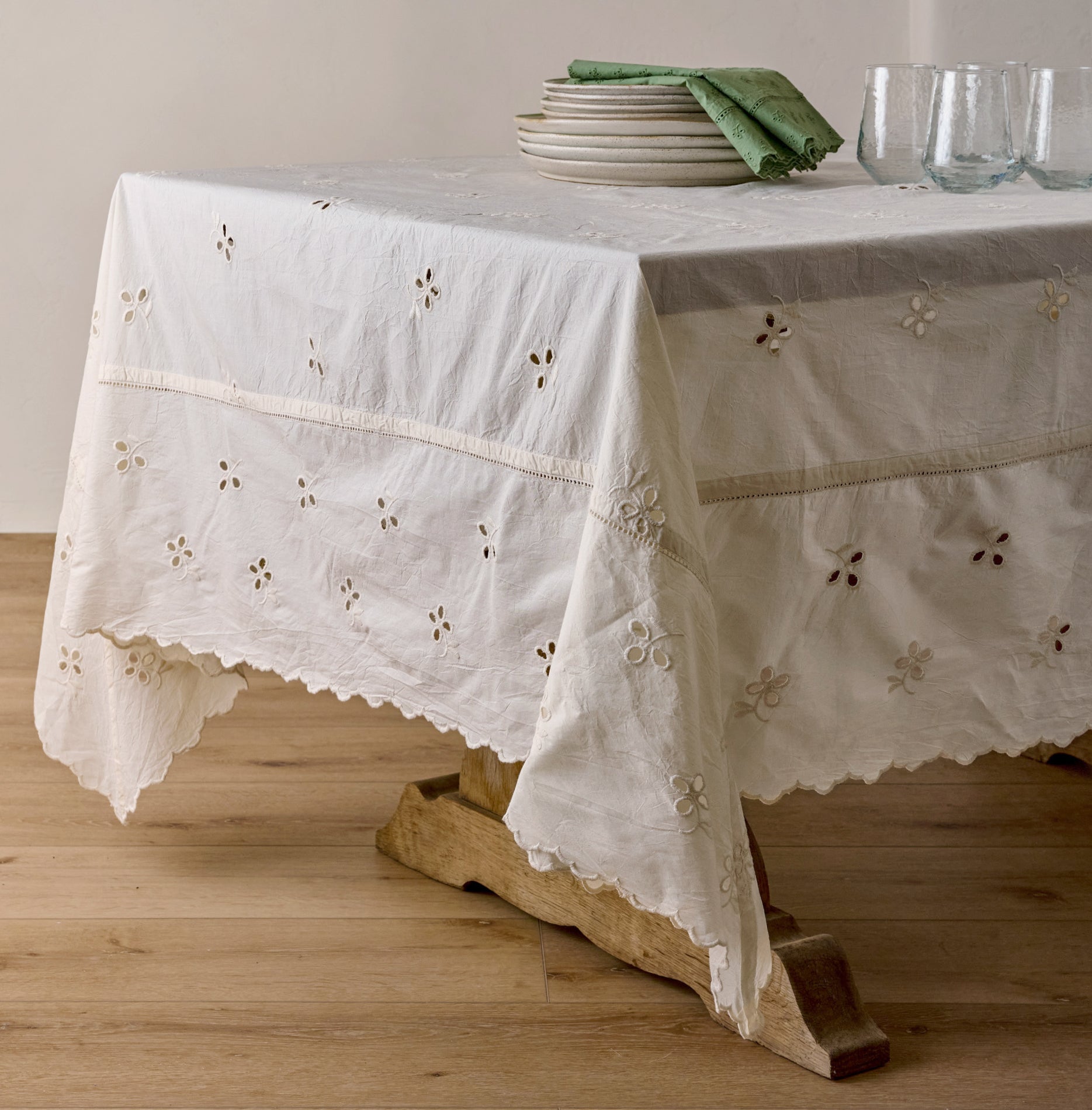 Antique White Eyelet Tablecloth shown on table
