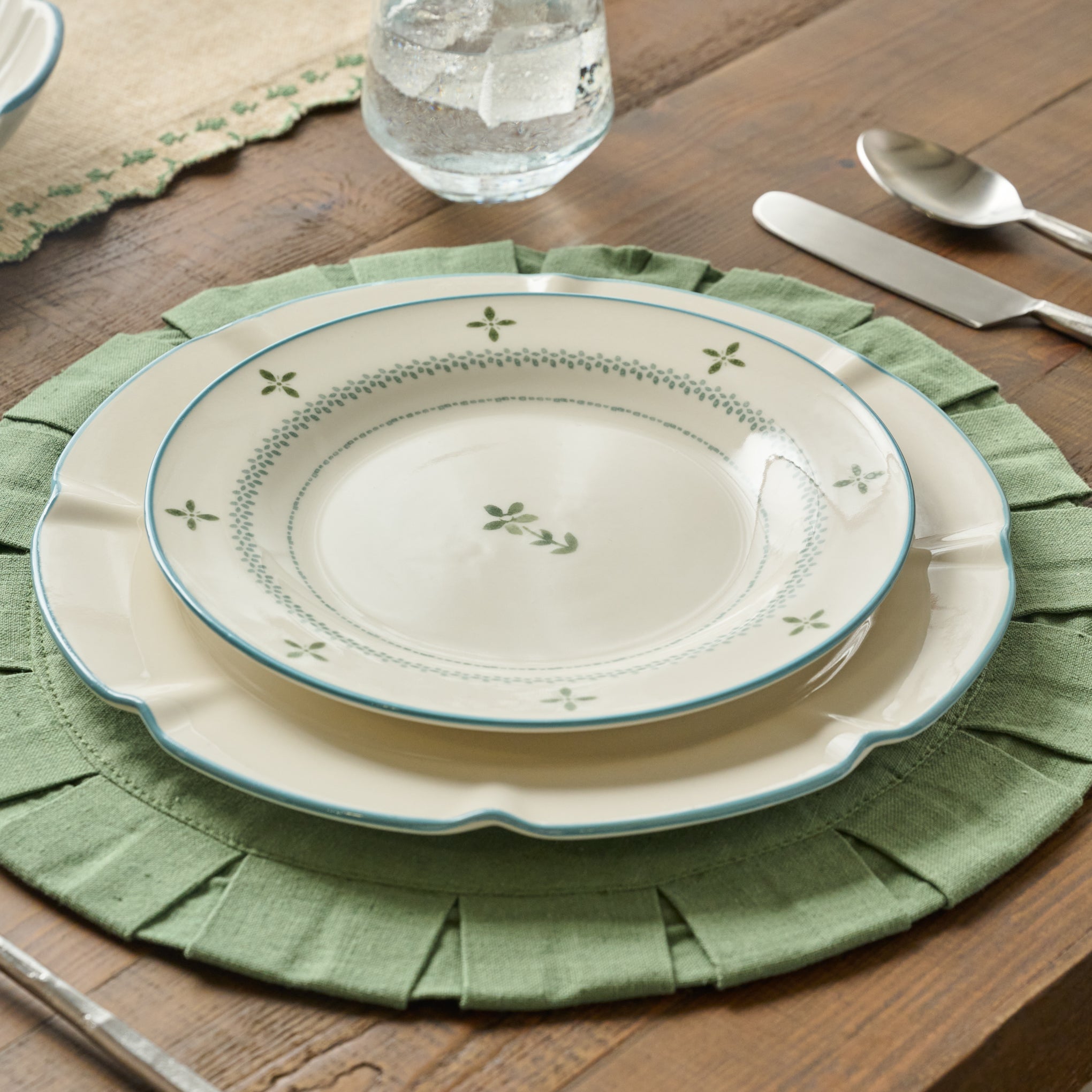 Antique Jade Pleated Placemat Set of Four  shown on table with place setting