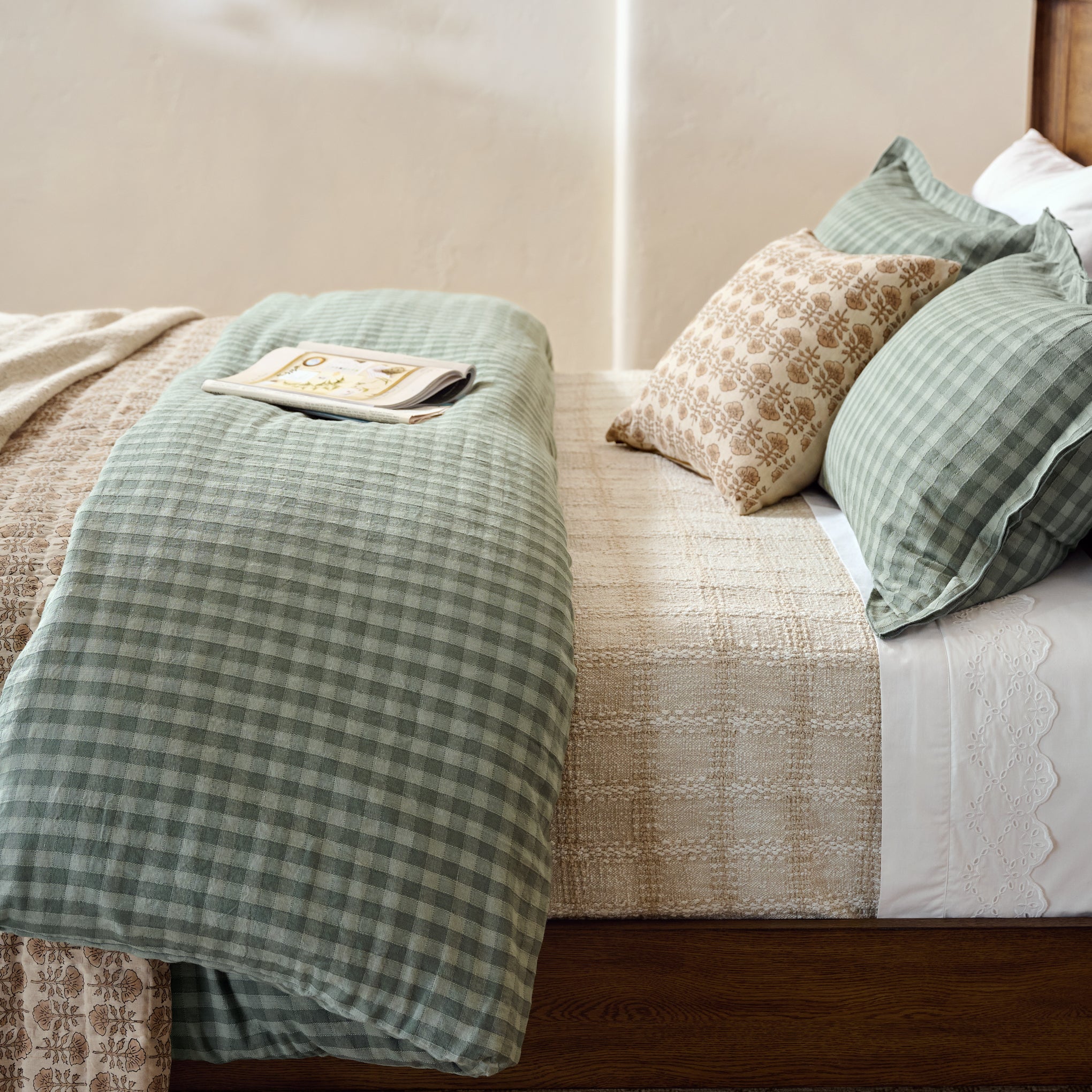 Woven Grid Coverlet - Natural shown on bed