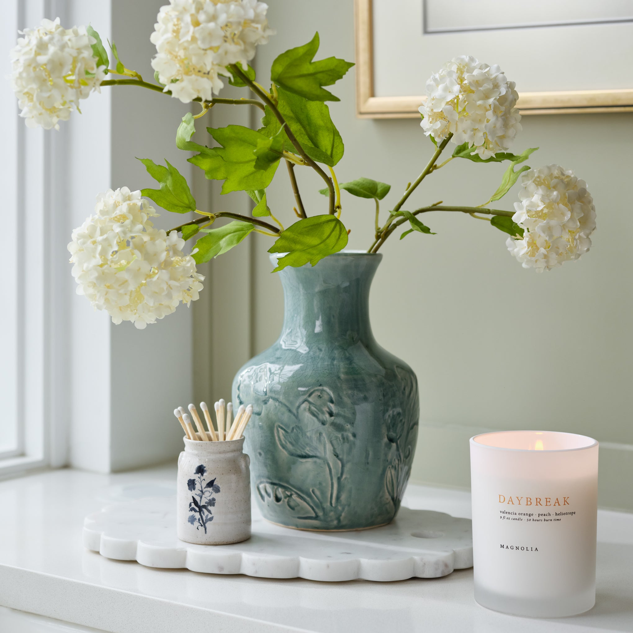 Snowball Hydrangea Bundle shown on counter in vase