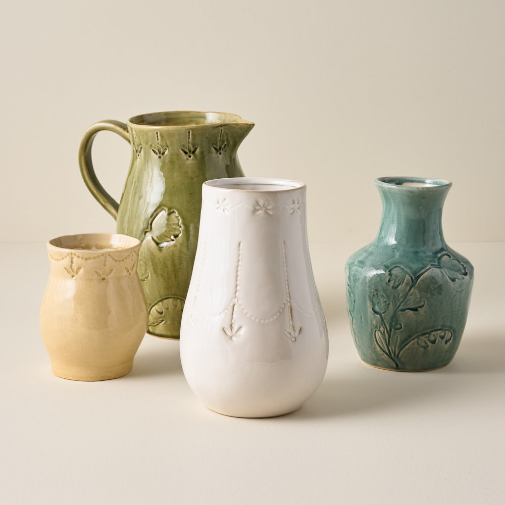 Floral Glazed Ceramic Maisie Vase shown with other ceramic glazed vessels