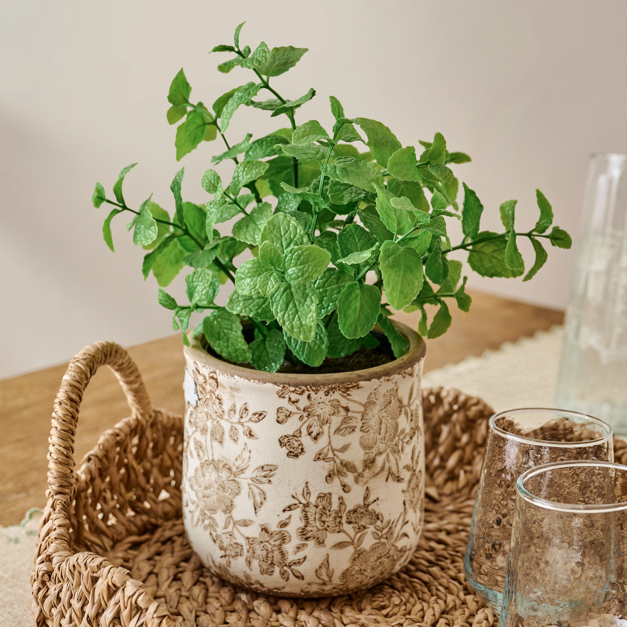 Potted Mint shown dropped in distressed planter