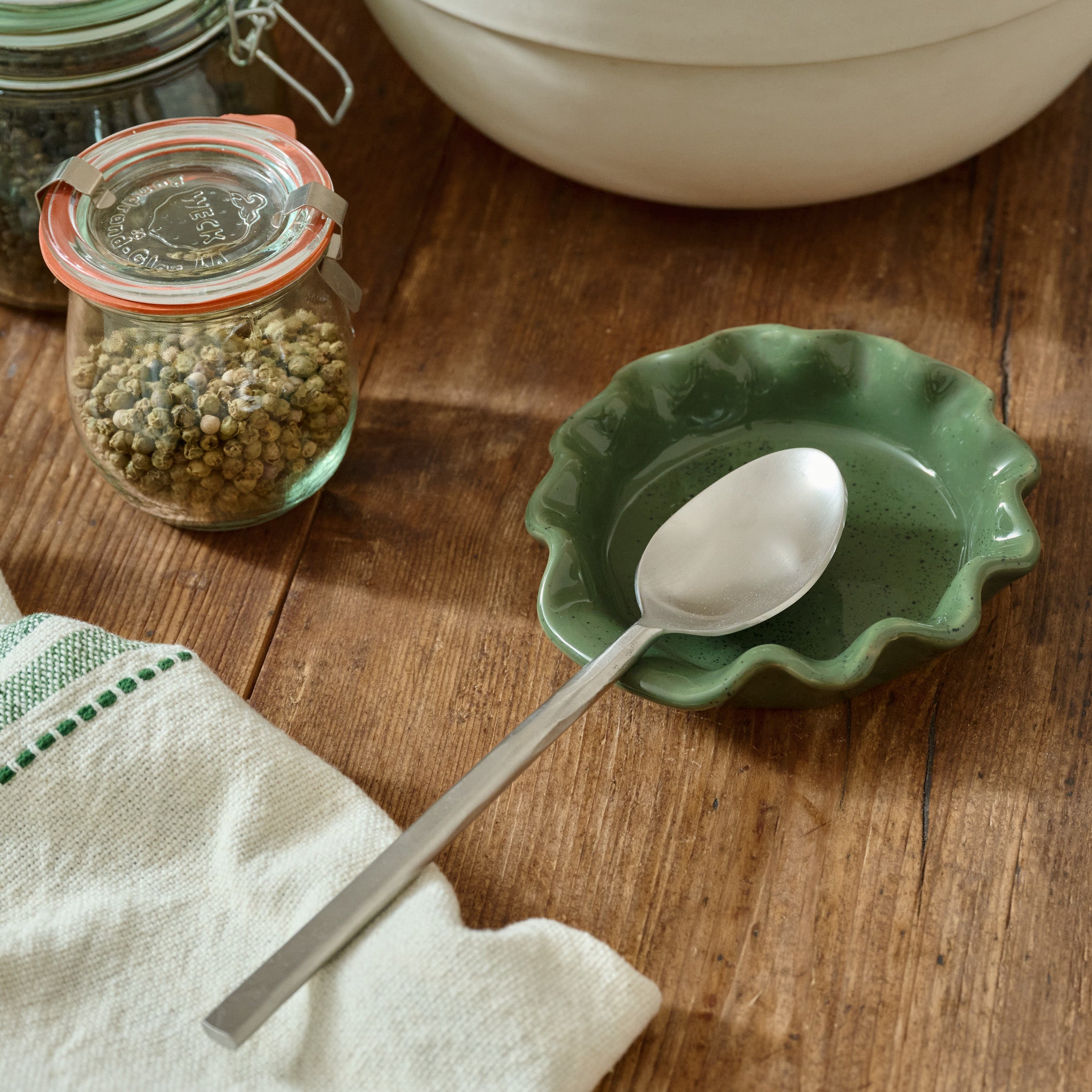 Forest Green Speckle Spoon Rest shown with spoon