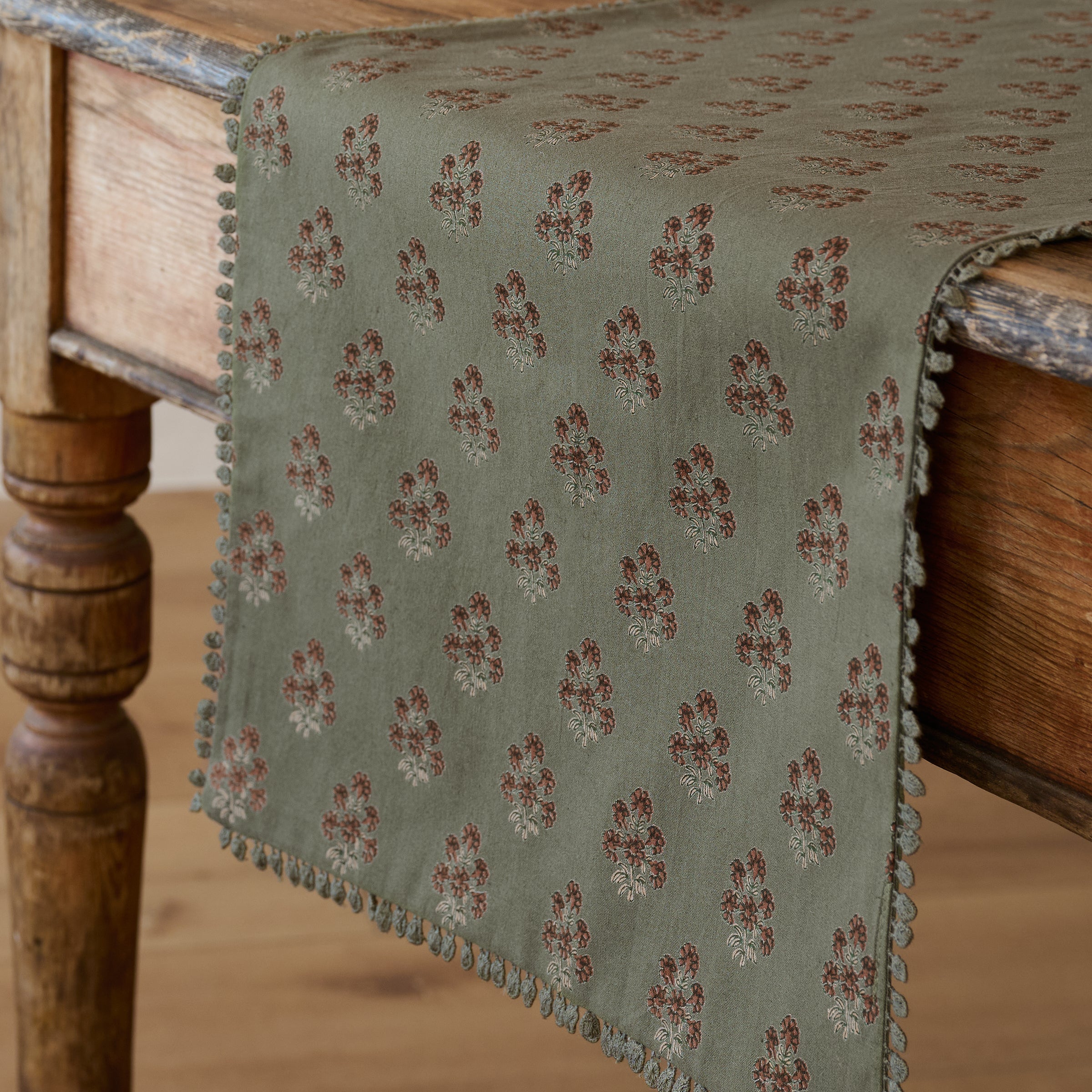 Magnoliass Olive Green Block Printed Table Runner