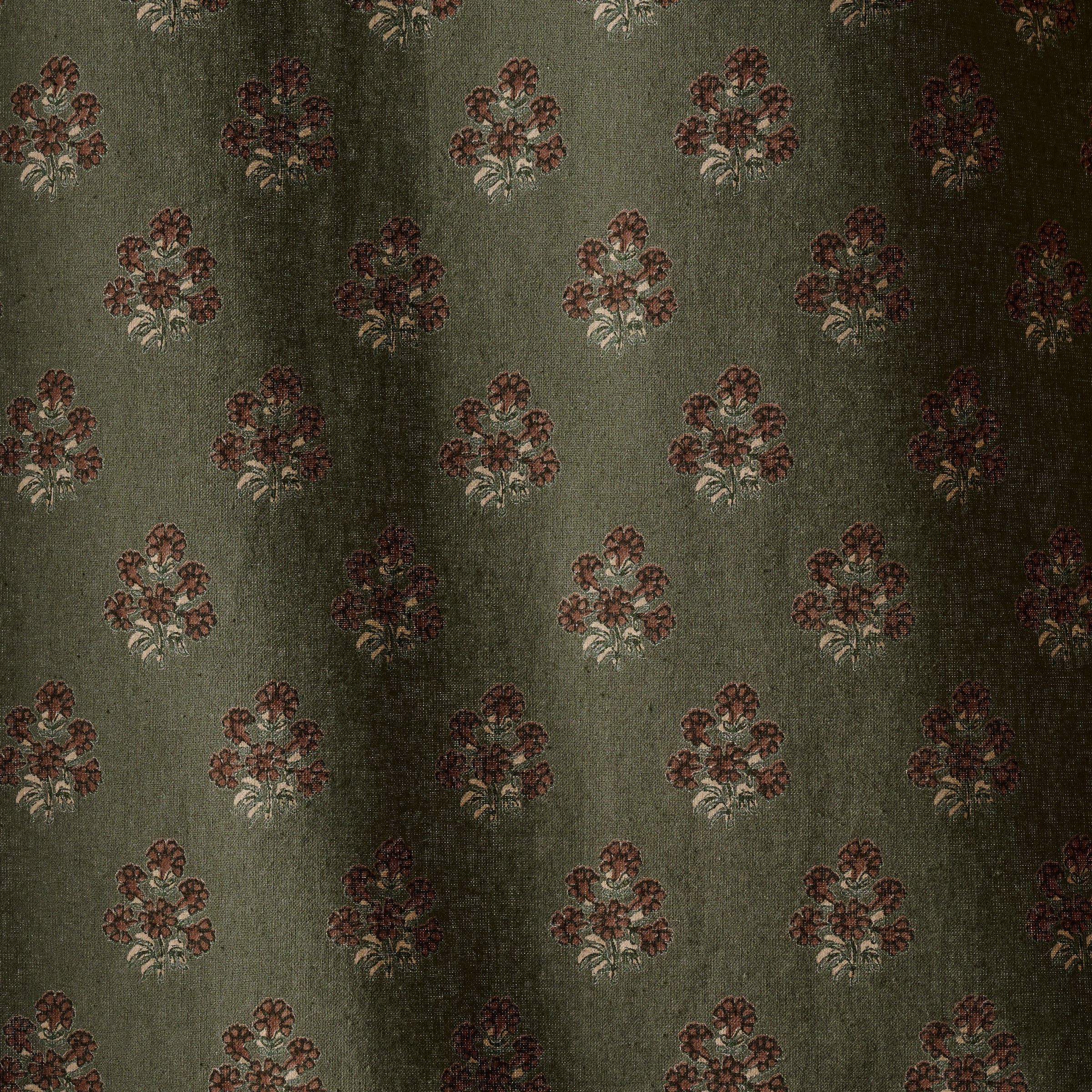 Magnoliass Olive Green Block Printed Shower Curtain pattern up close