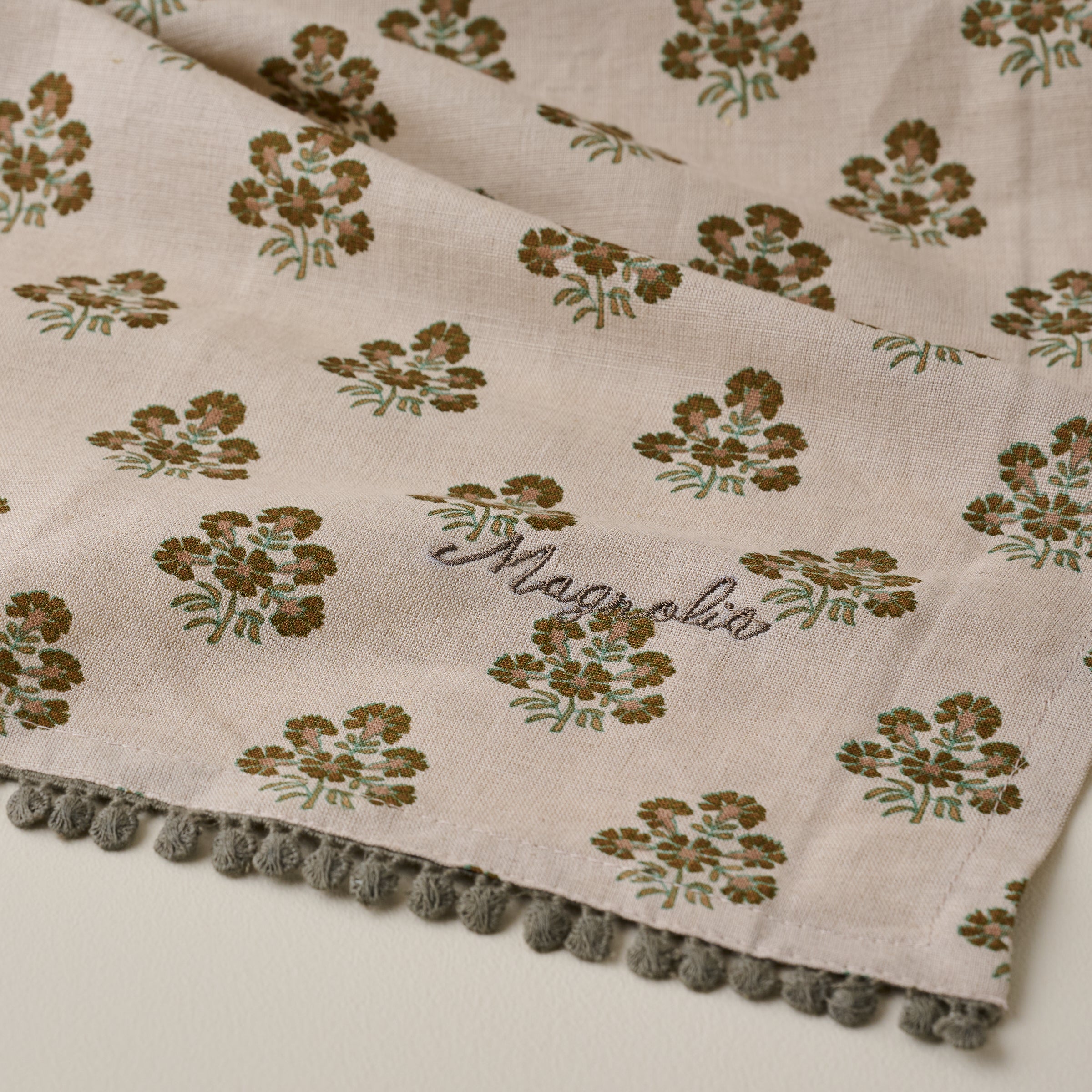 Magnoliass Oatmeal Block Printed Tea Towel up close