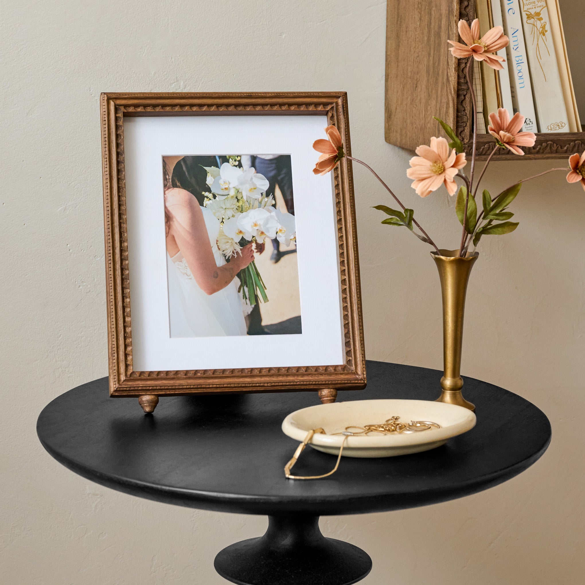Annie Antiqued Wood Photo Frame shown styled on table