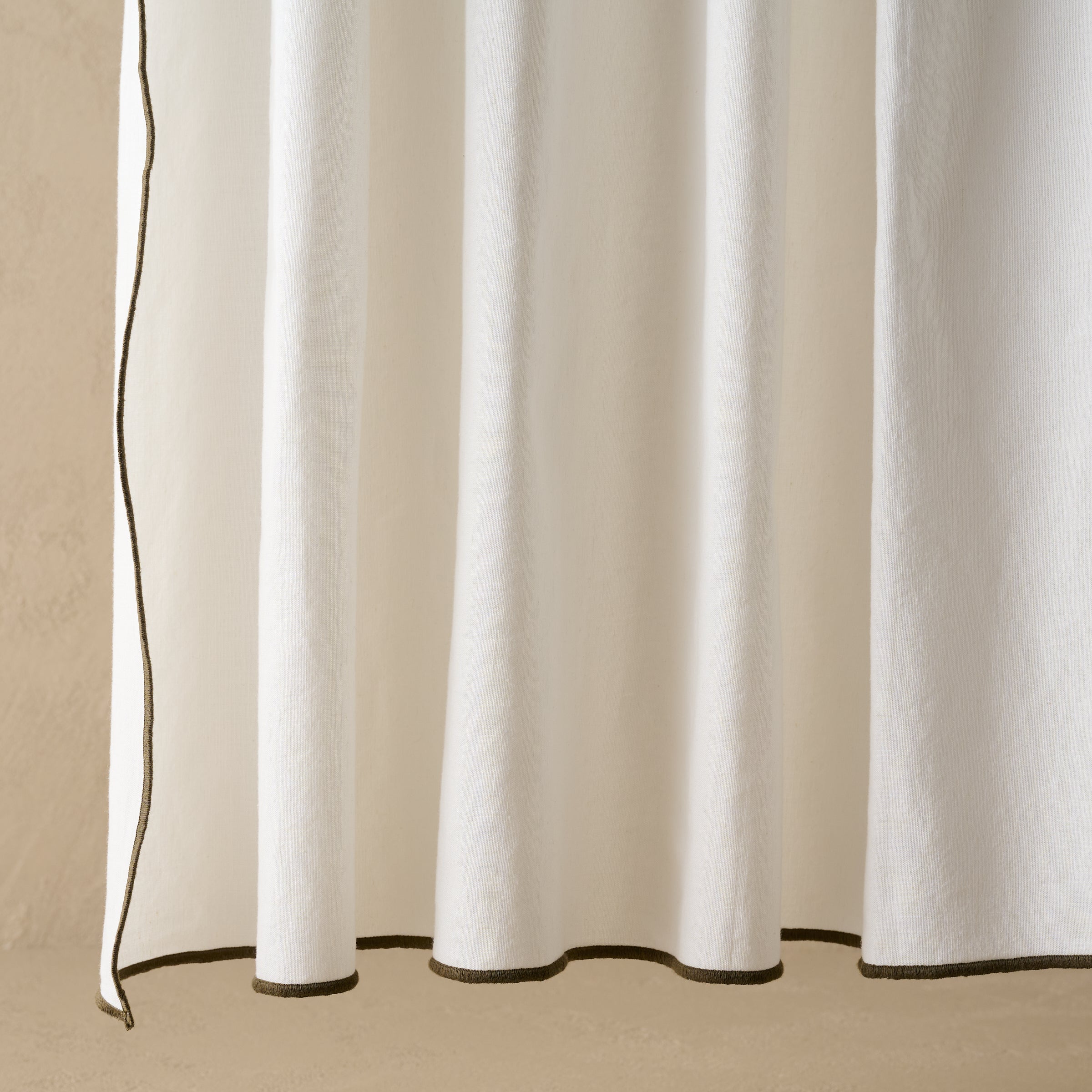 Magnoliass Olive Edge Ruffle Shower Curtain bottom corner up close