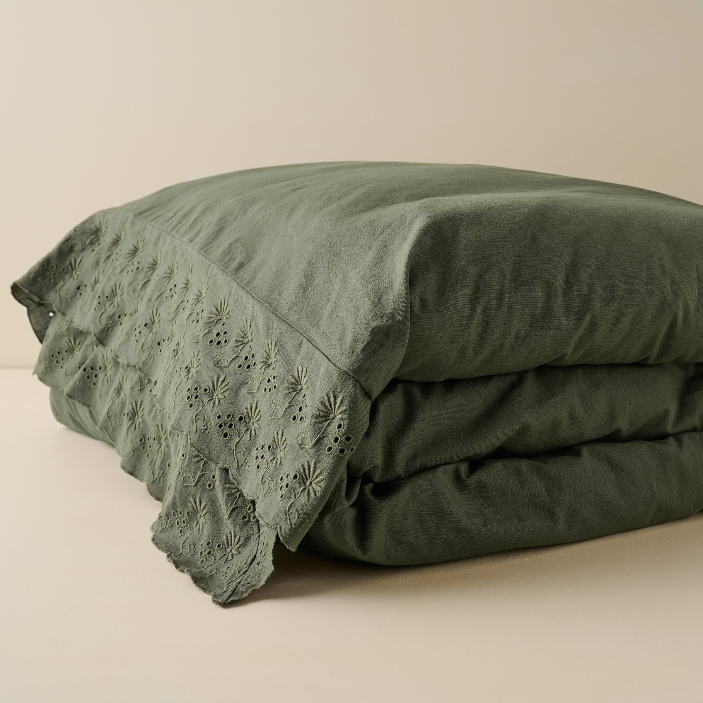 Clara Eyelet Flange Duvet Cover in color Olive Night