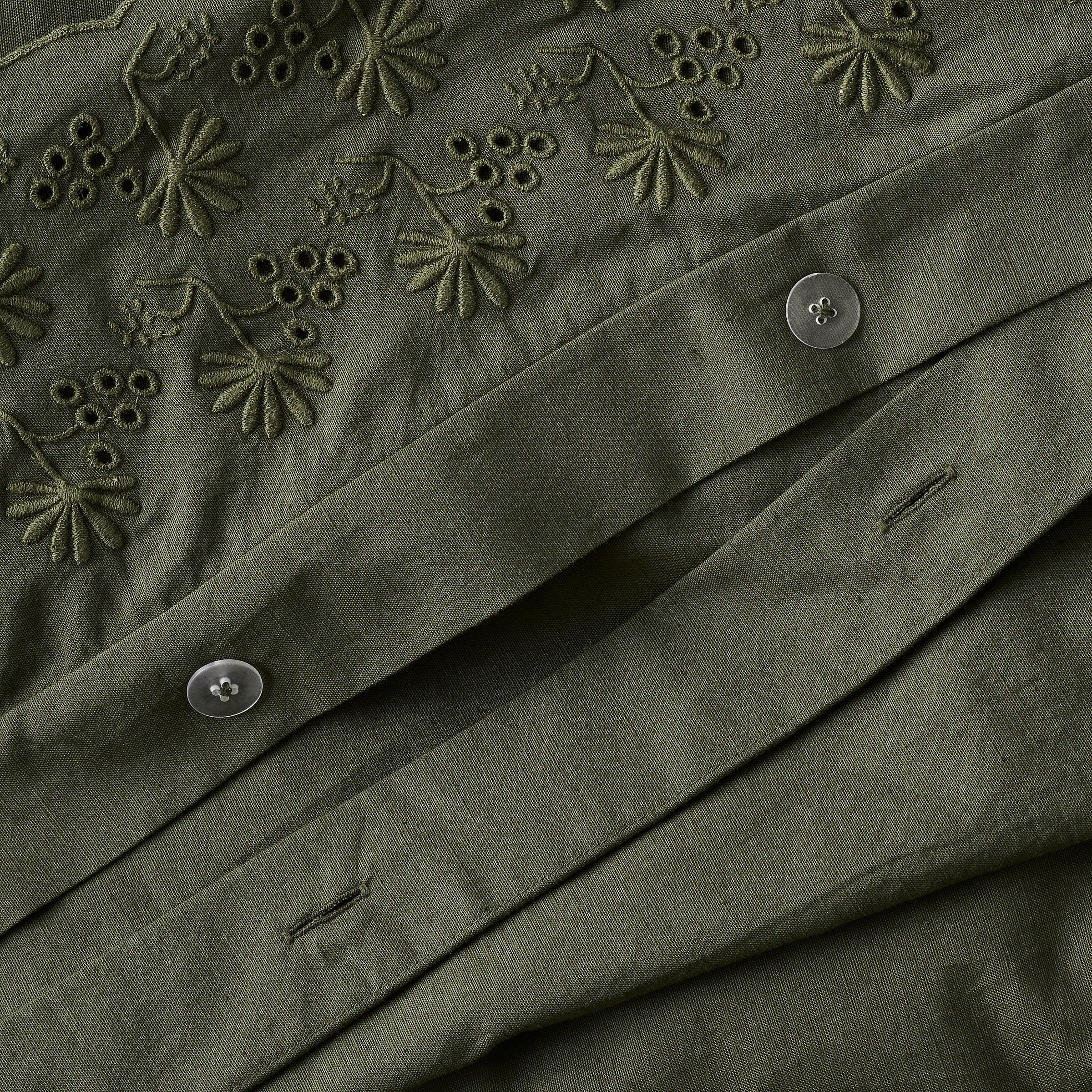 Clara Eyelet Flange Duvet Cover in color Olive Night button closure up close
