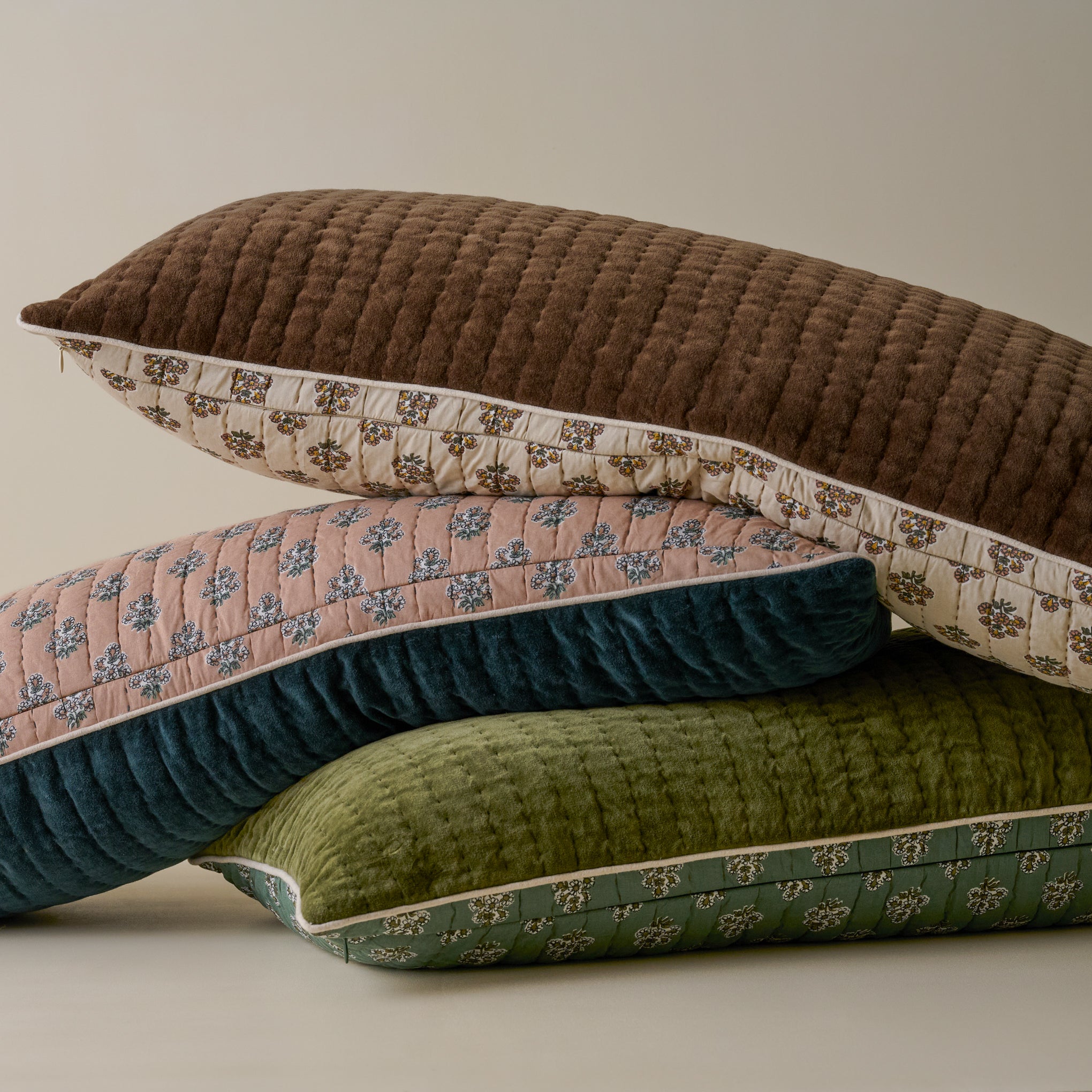 Audrey Velvet Lumbar Pillow- Cedar shown with other Audrey Velvet Lumbar pillows