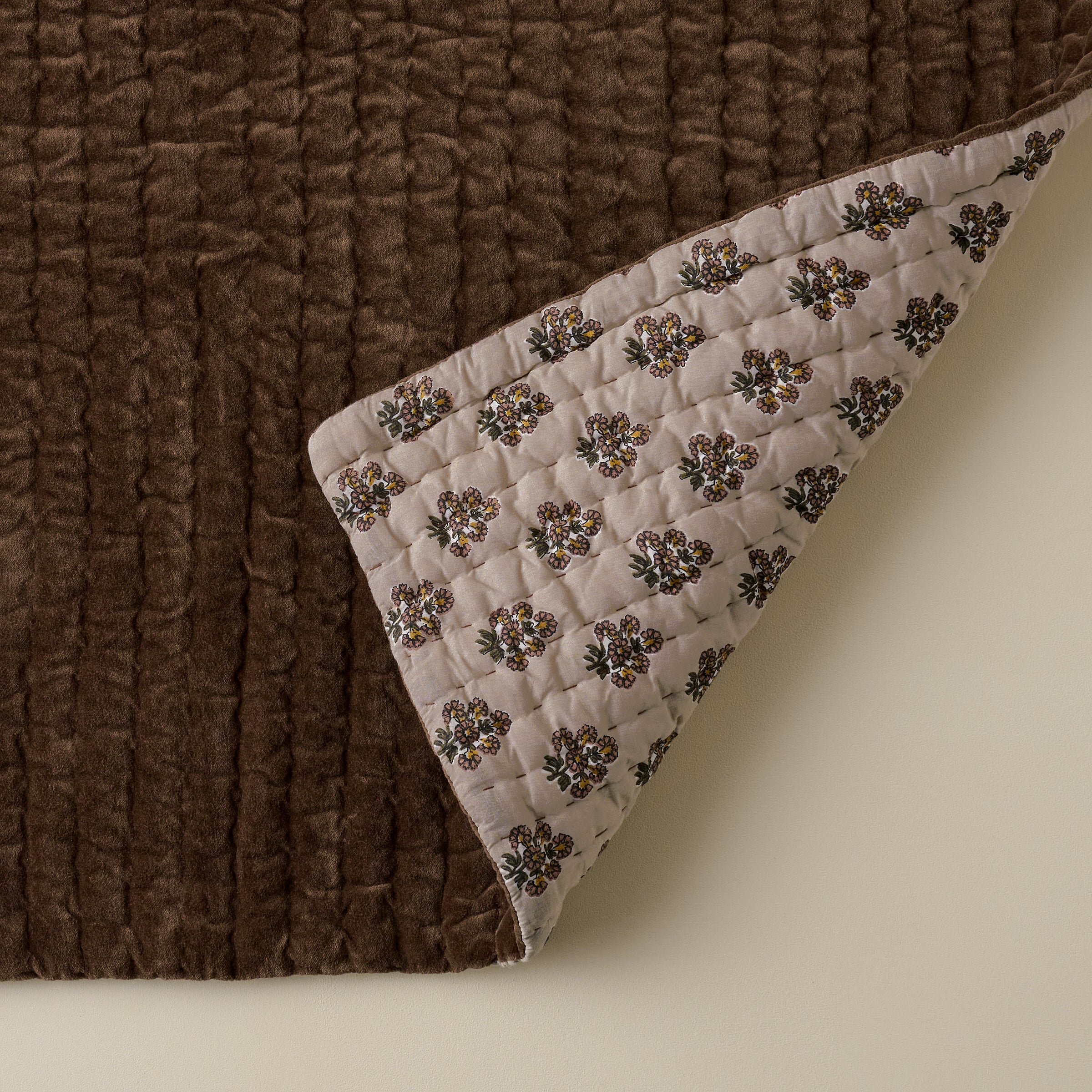 Audrey Velvet Block Print Quilt - Cedar corner shown flipped