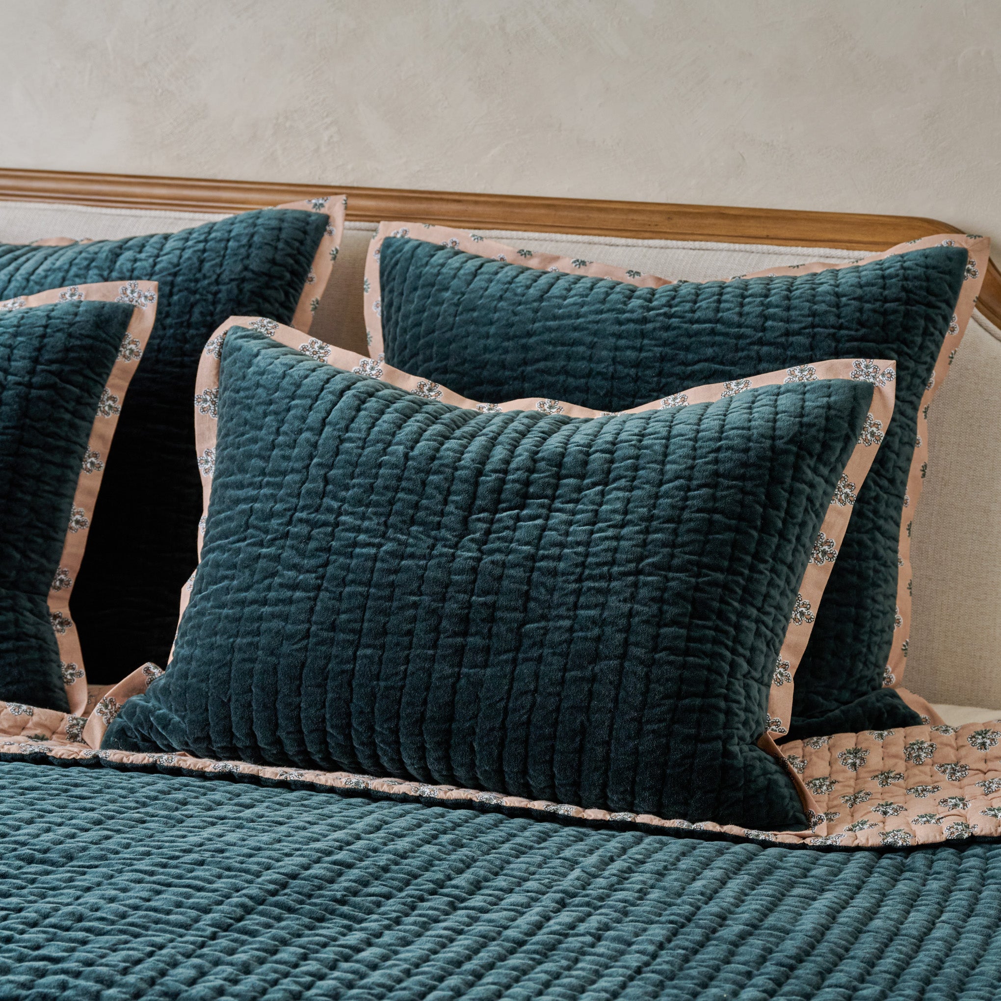 Audrey Velvet Block Print Sham - Magical Forest shown on bed