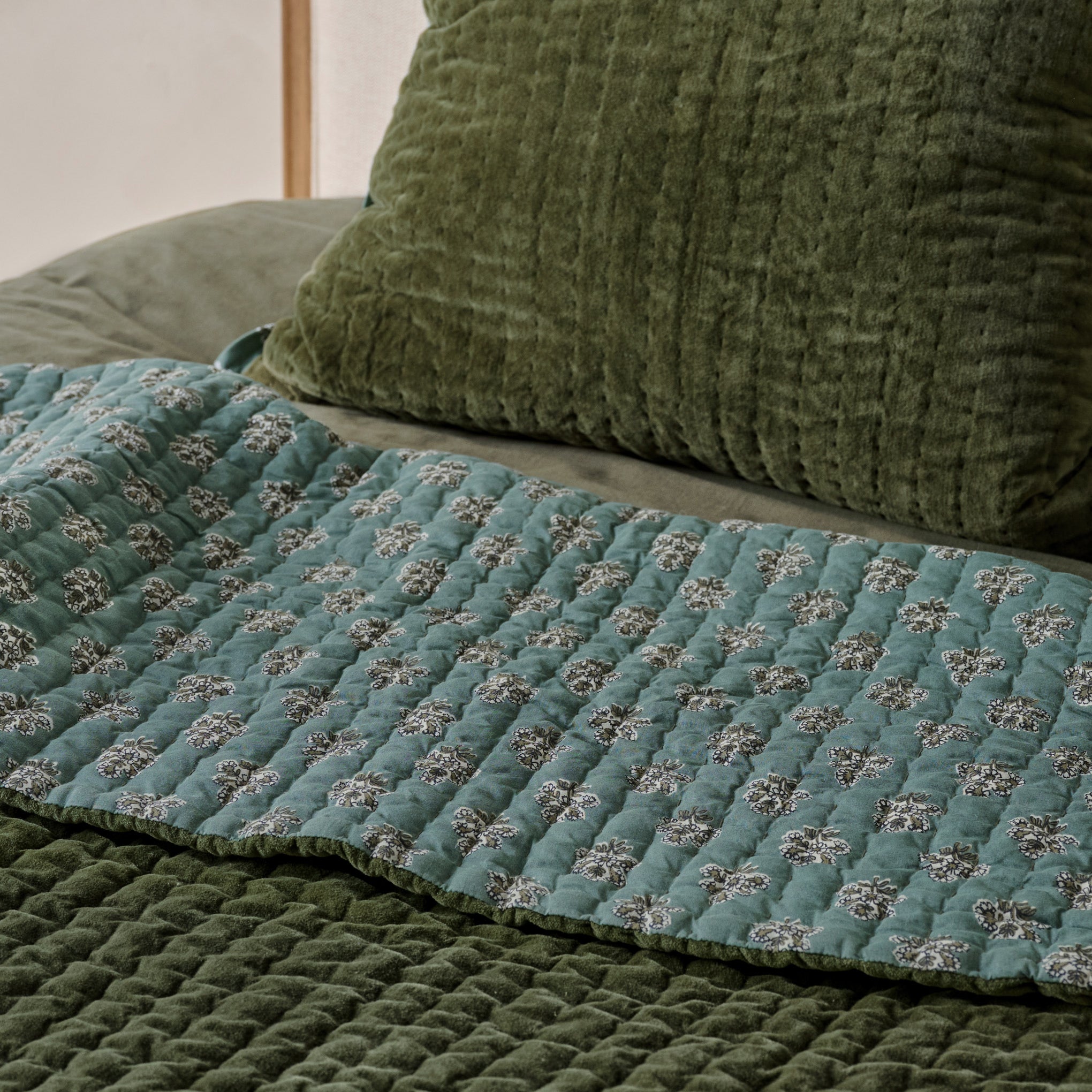Winter Moss Audrey Velvet Block Print Quilt + Sham Set (Queen)