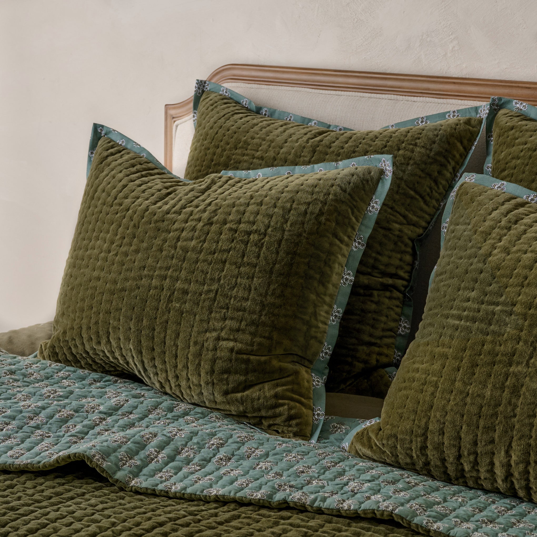 Audrey Velvet Block Print Quilt - Winter Moss
