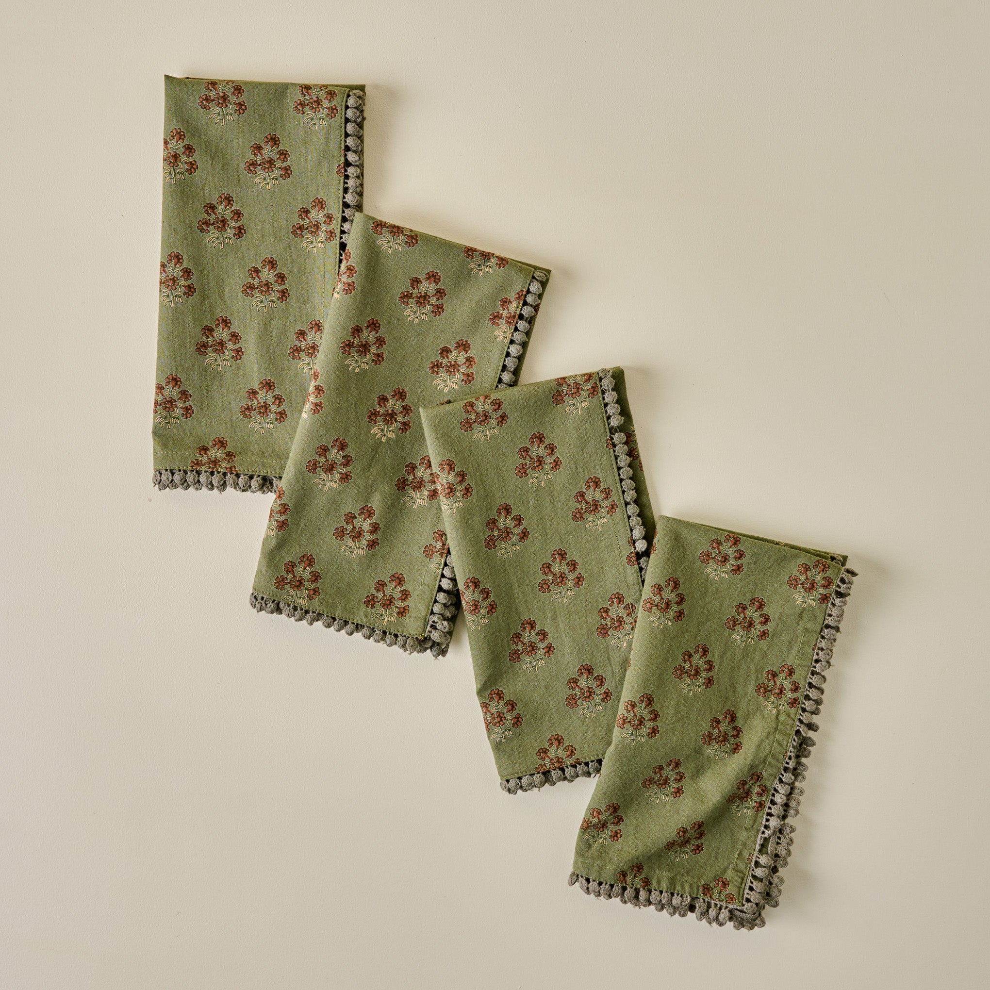Magnoliass Olive Green Block Printed Napkin Set of Four