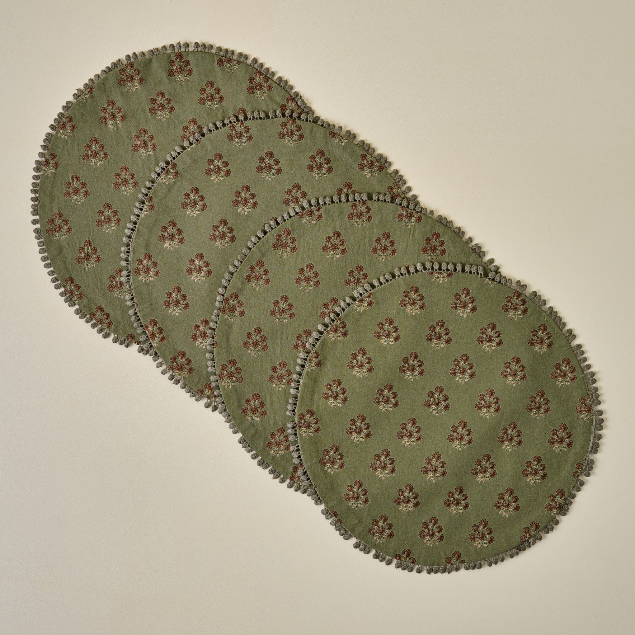 Magnoliass Olive Green Block Printed Placemat Set of Four
