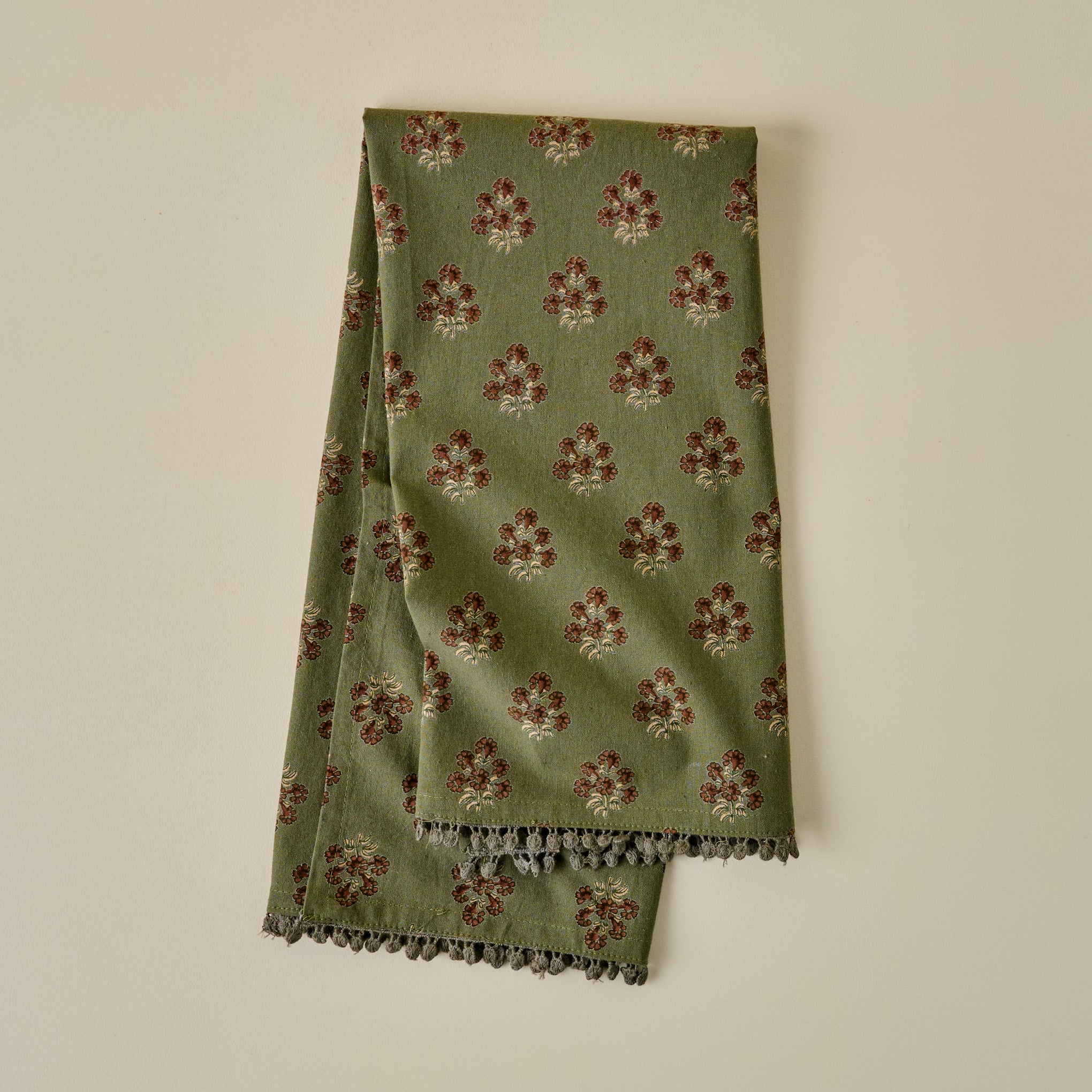 Magnoliass Olive Green Block Printed Tea Towel