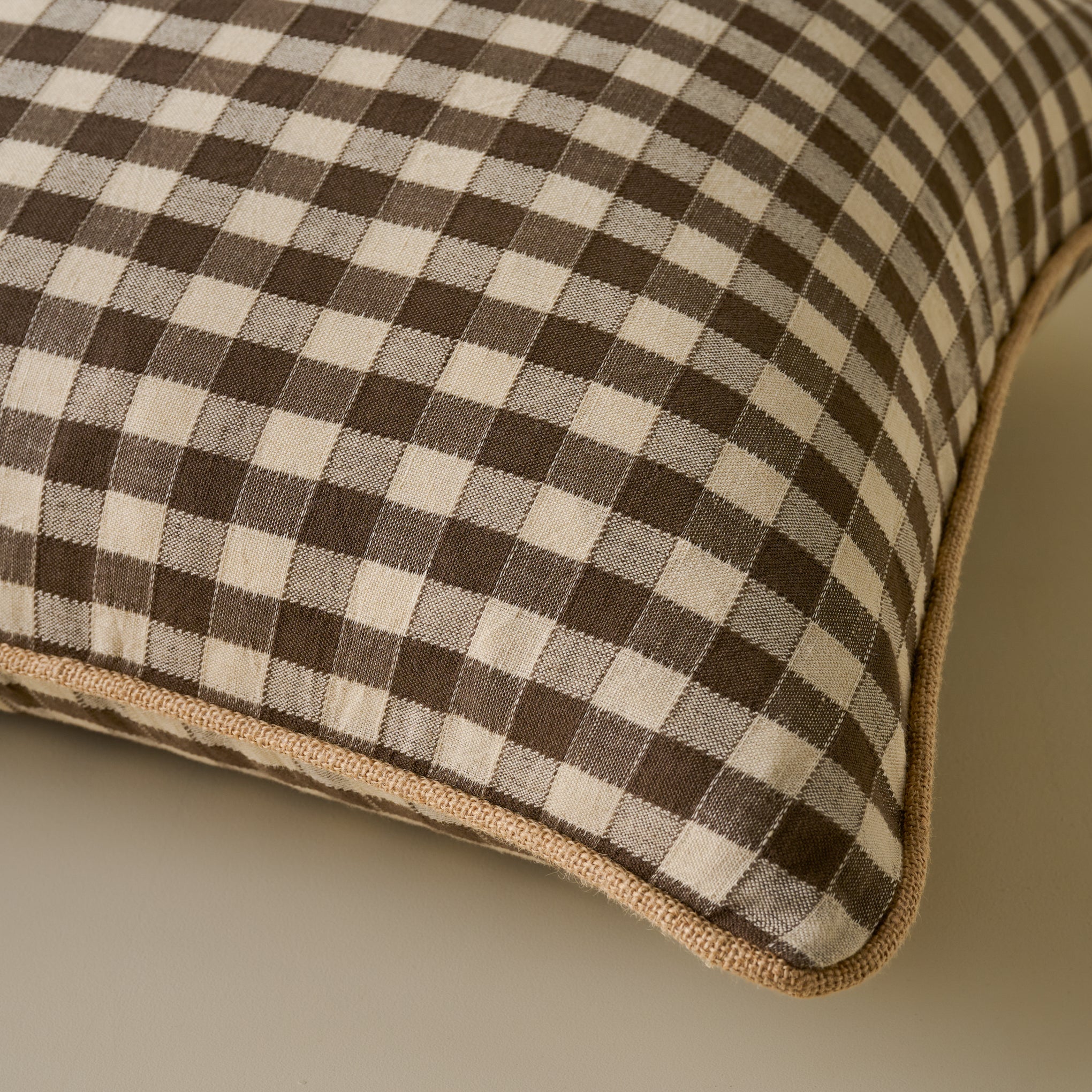 Gingham Large Pillow in Desert Palm corner up close