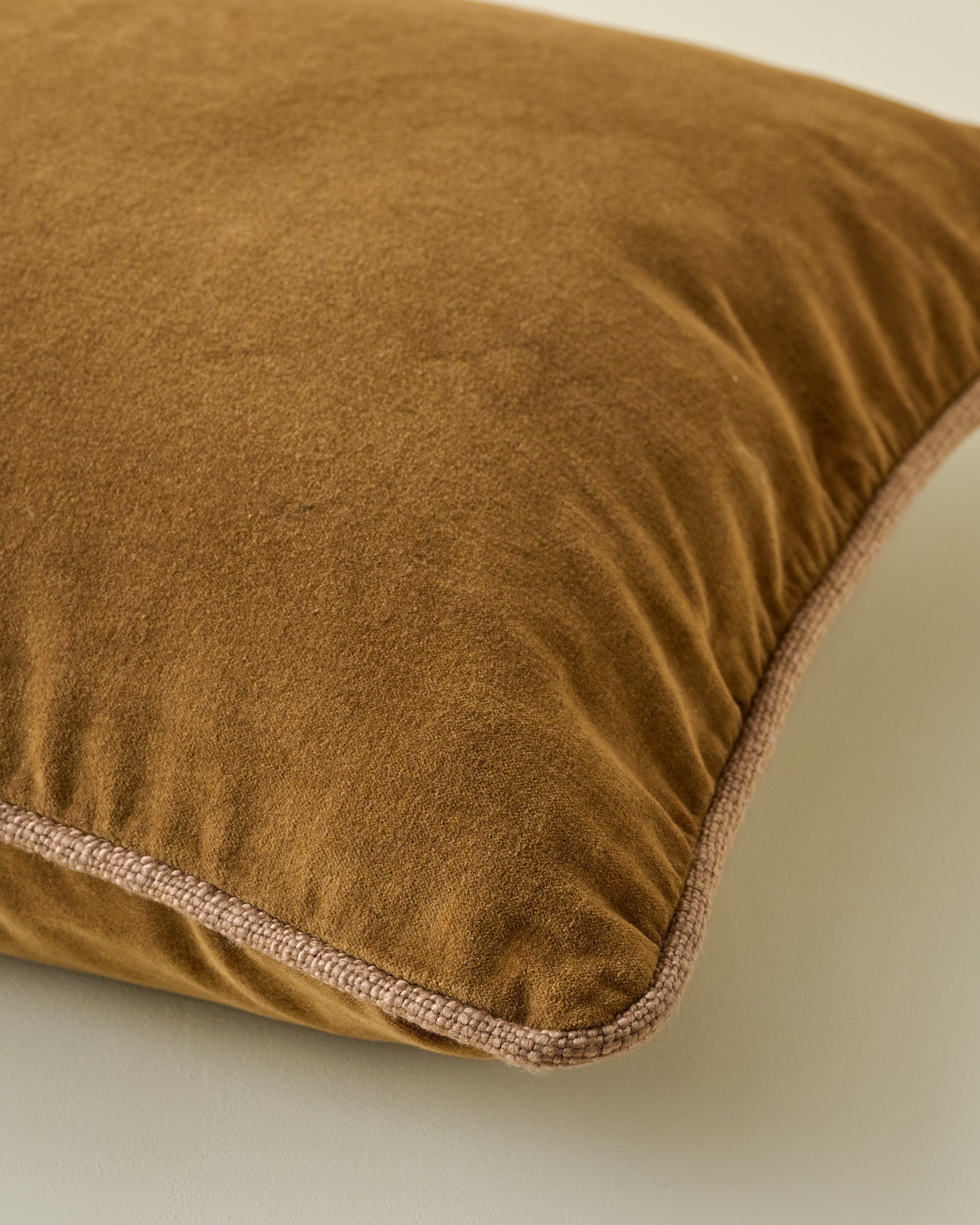 Lexie Velvet Pillow in Tan corner up close