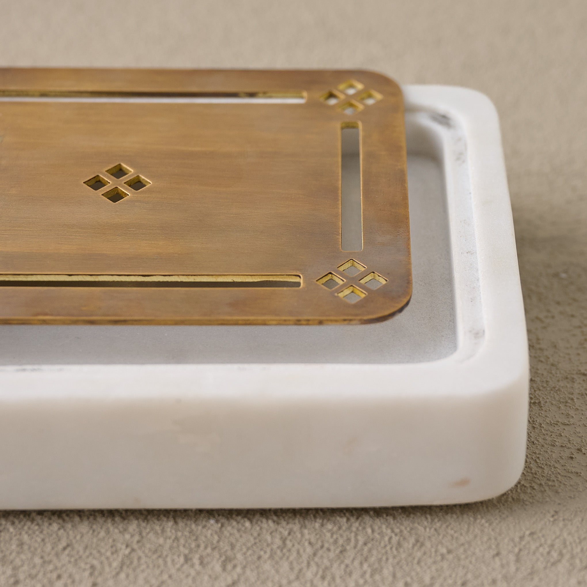 Quincey Marble and Brass Inlay Soap Dish in white corner up close
