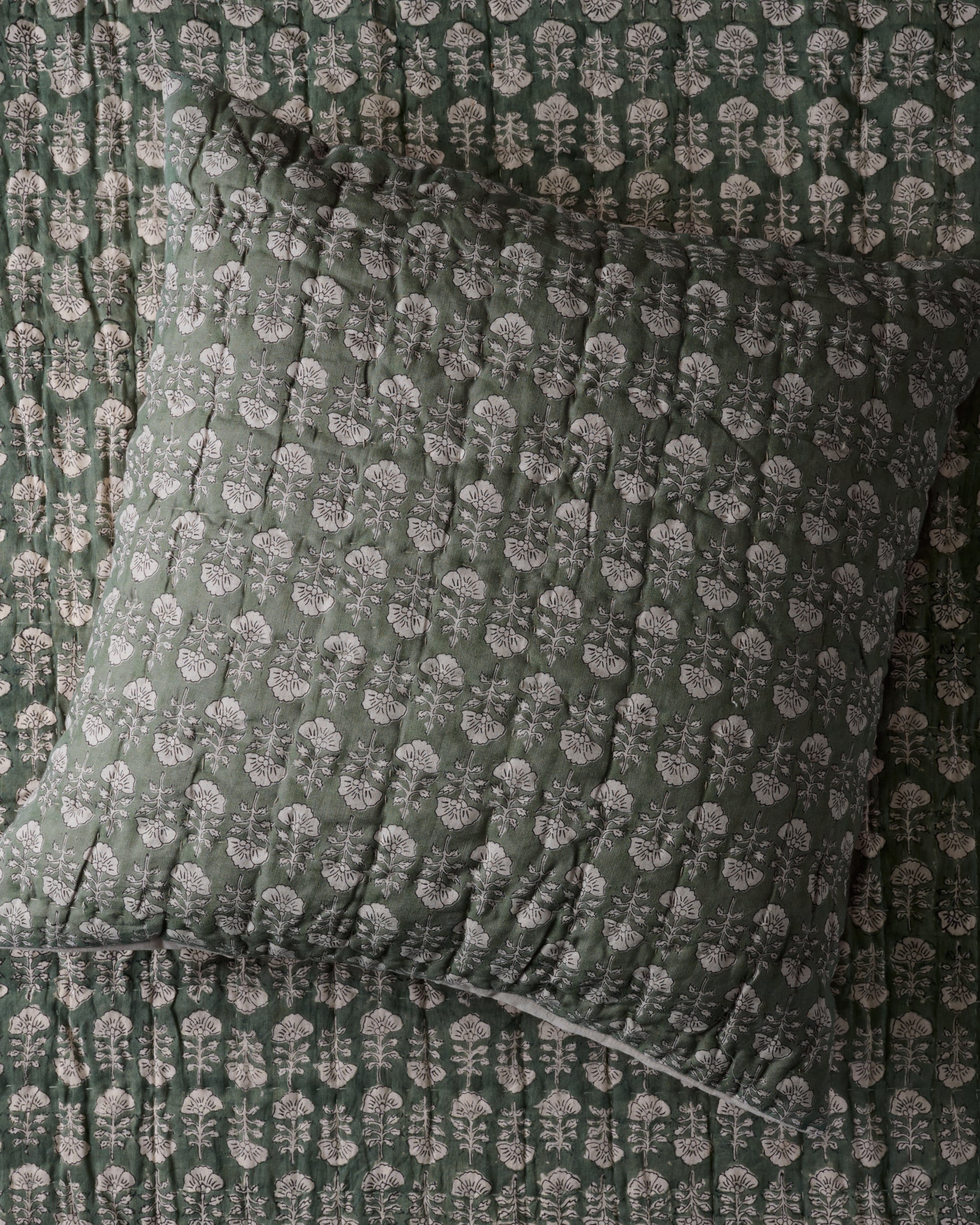 Flora Block Print Pillow Sham - Dusty Green, Euro Size shown on matching bedding