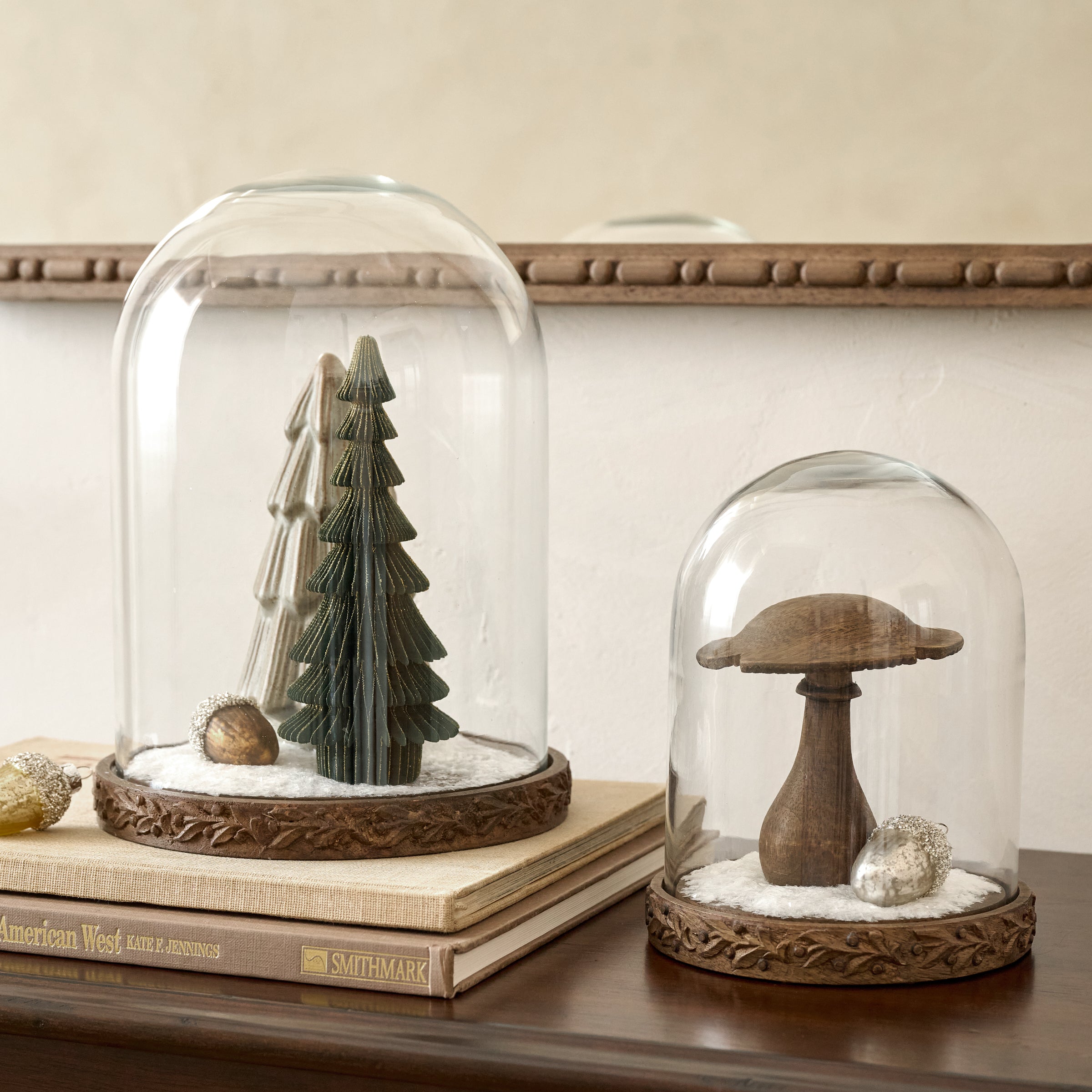 Eleanor Carved Wood Cloches shown styled with holiday decor