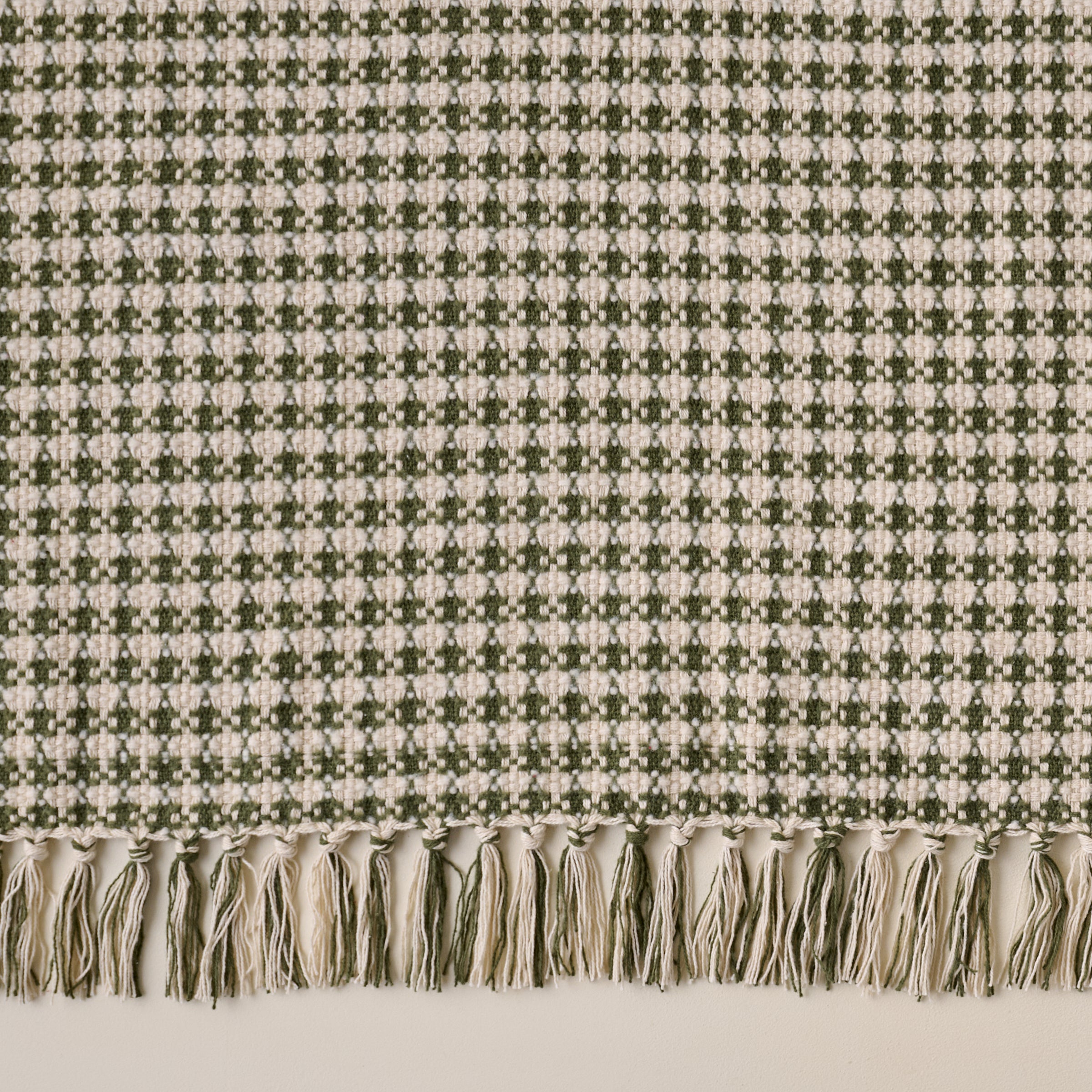 Ivory & Green Aspen Throw fringe up close