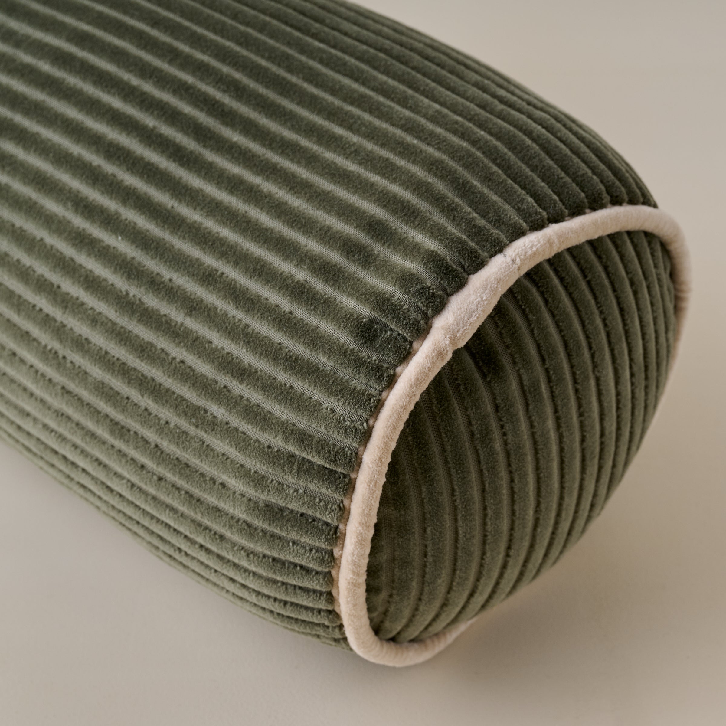 Channeled Velvet Bolster Pillow - Winter Moss end up close