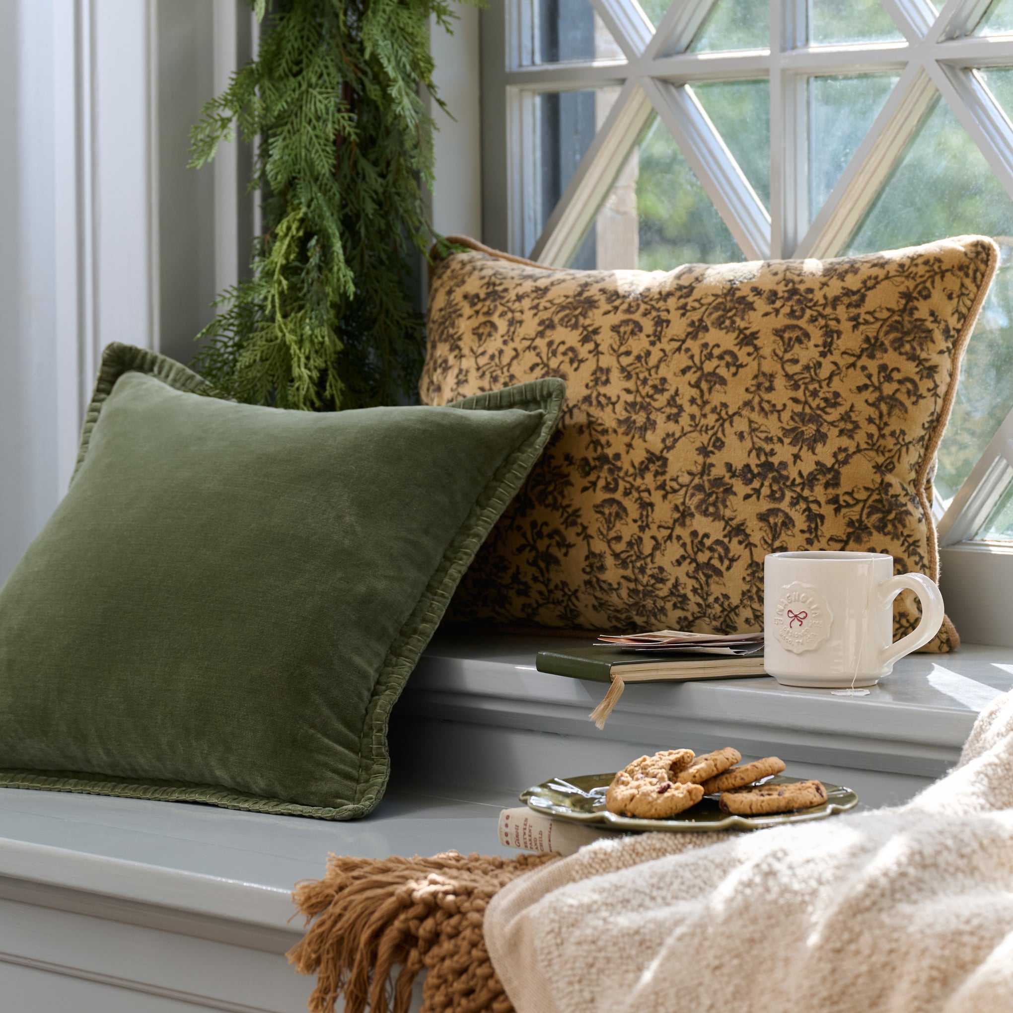 Velvet Amber Vines Lumbar Pillow in a room