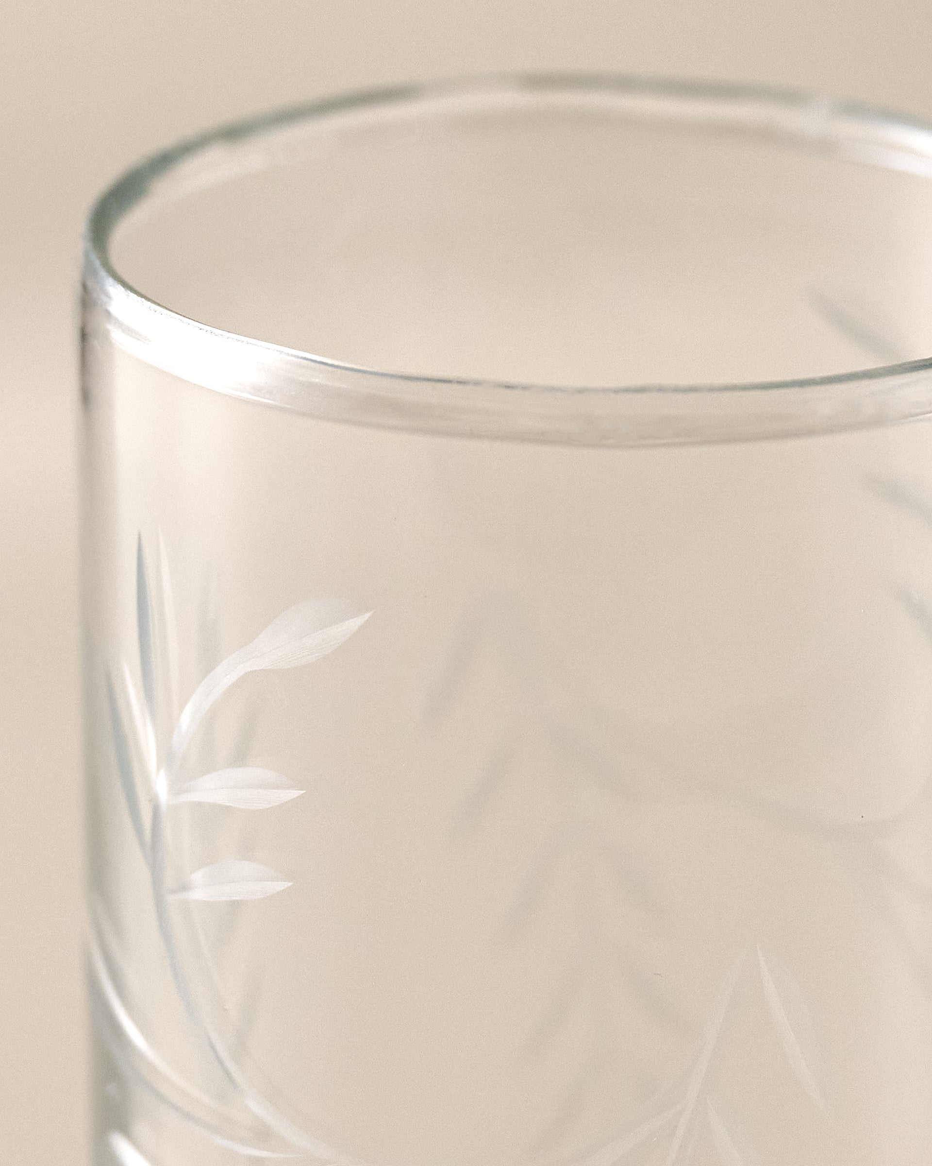 Tall Marlowe Etched Glass Tumbler Up close
