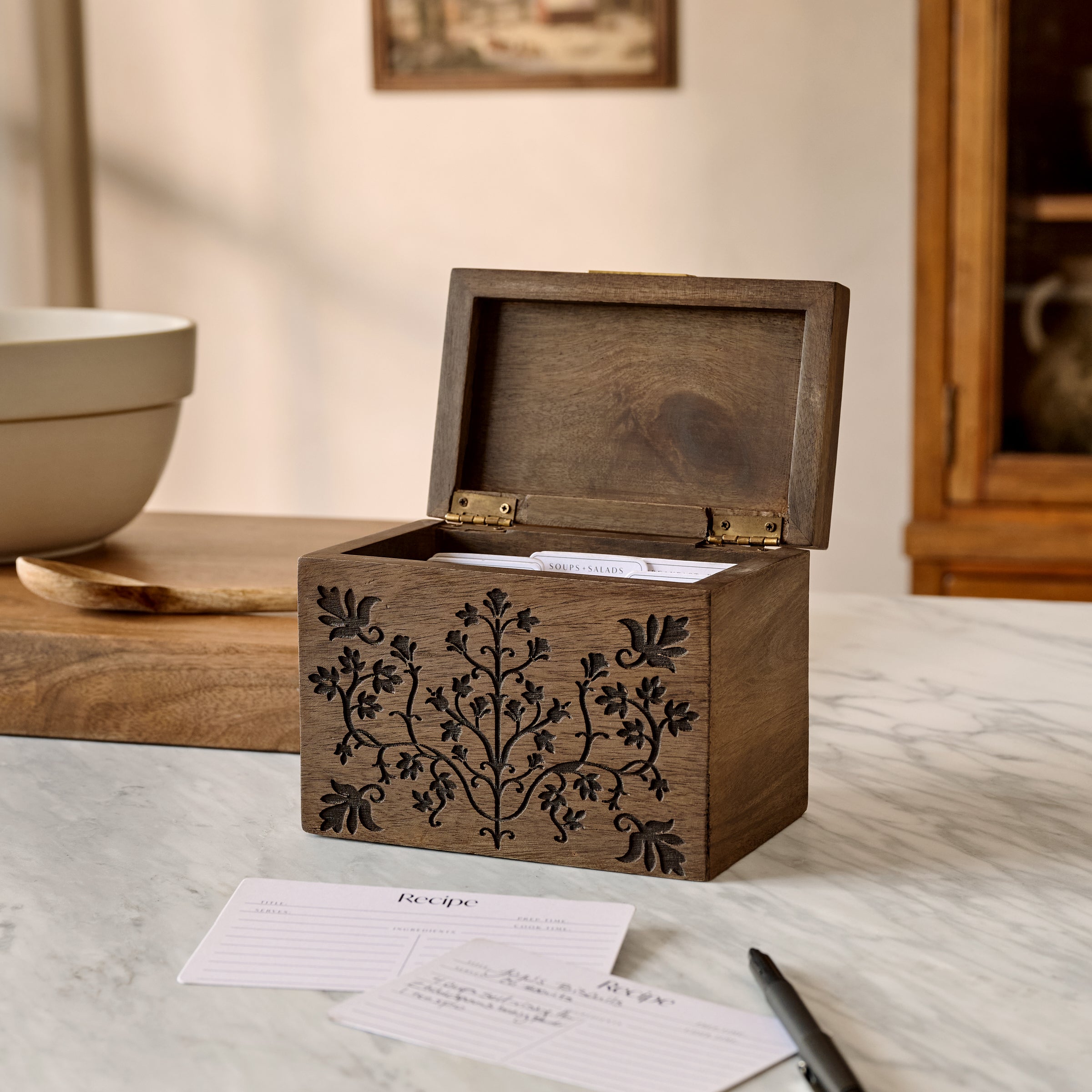 Magnoliass Carved Wood Recipe Box