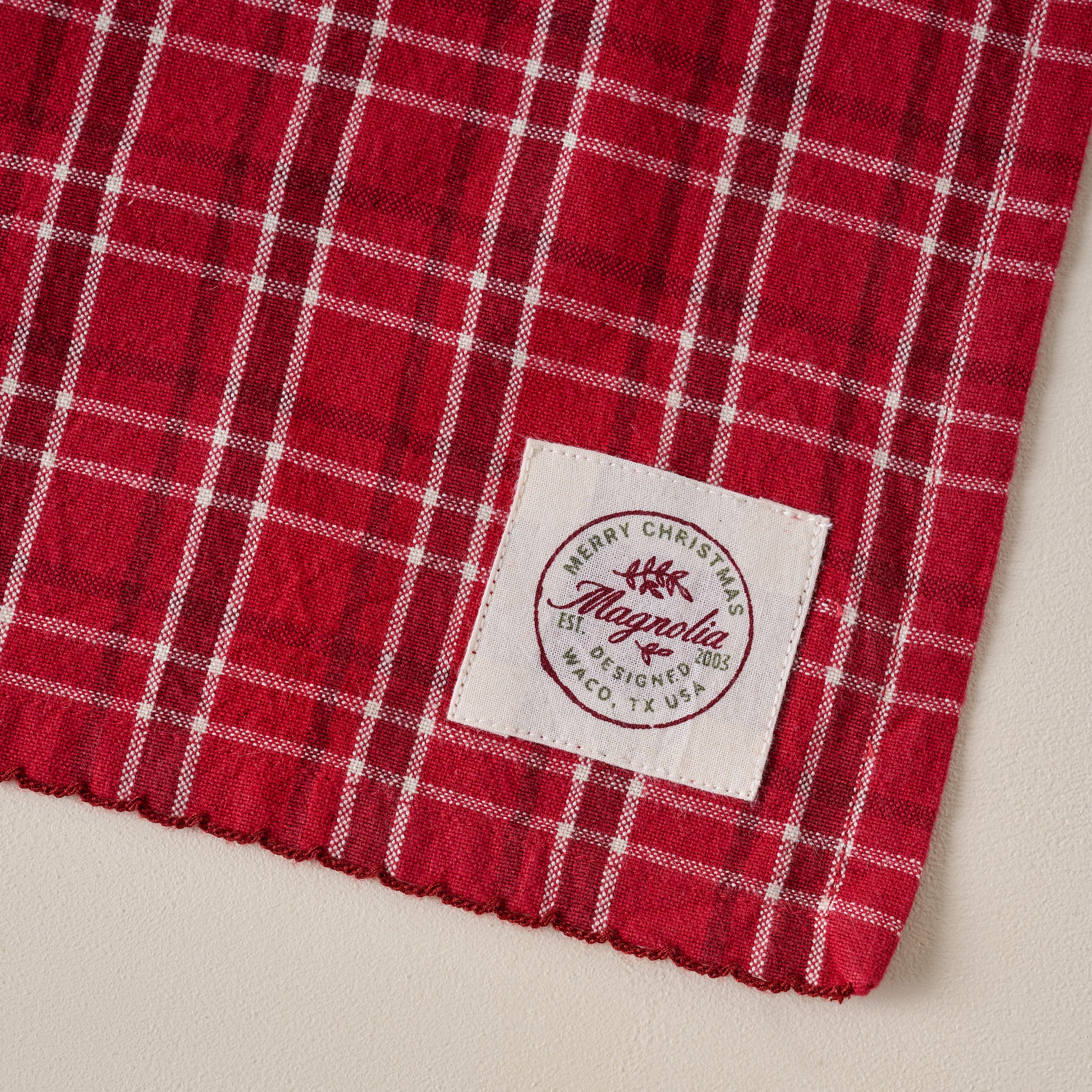Magnoliass Vintage Red Plaid Tea Towel corner up close