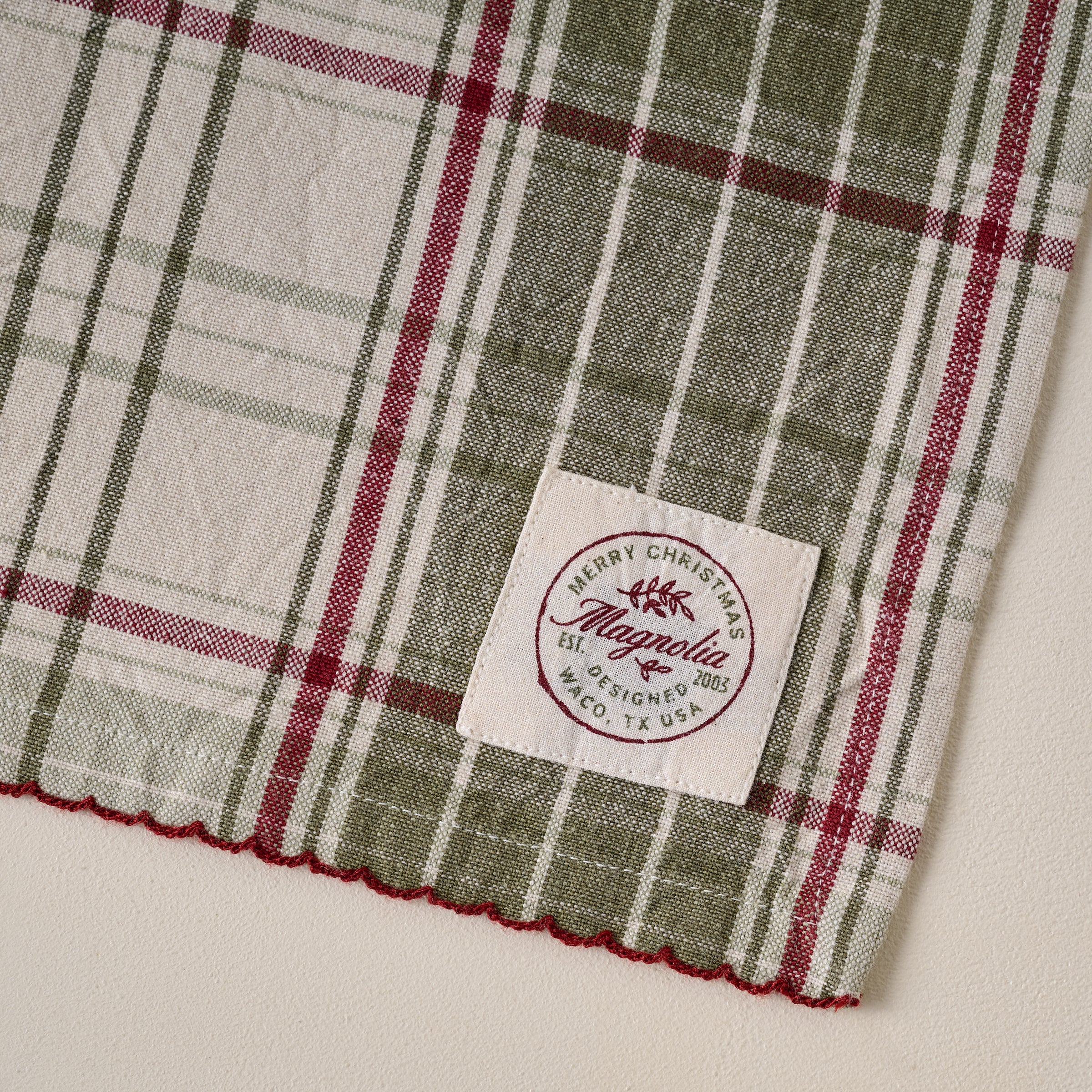 Magnoliass Festive Plaid Tea Towel corner up close