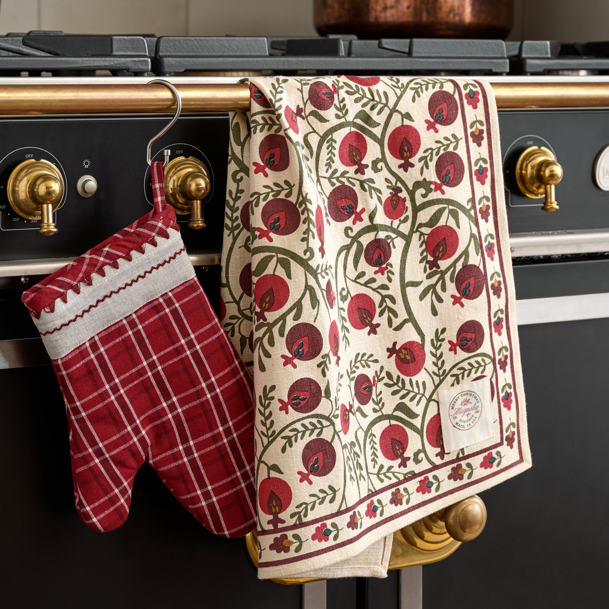 Magnoliass Vintage Red Plaid Oven Mitt and Pot Holder at the stove