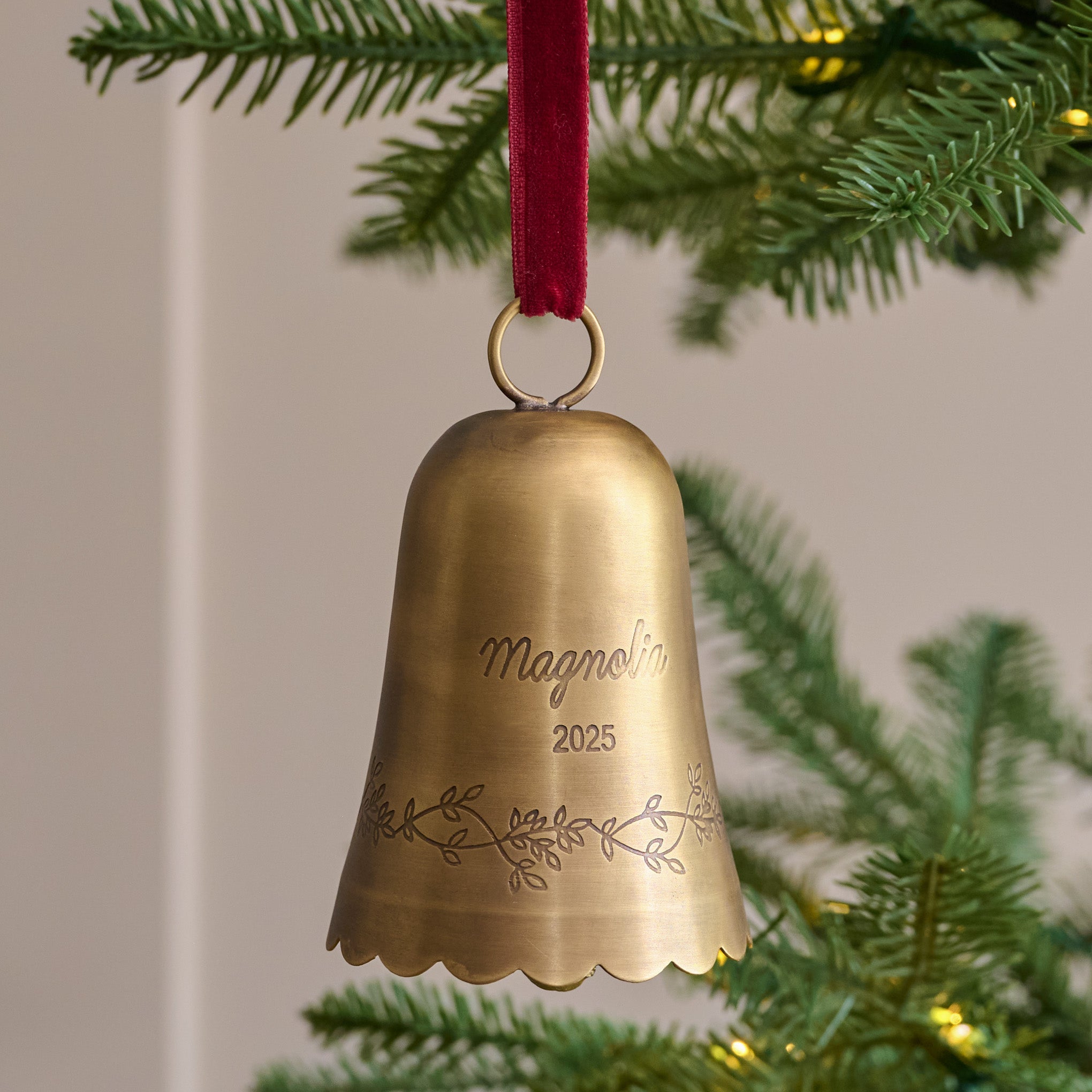 Engraved Magnoliass Brass Bell Ornament