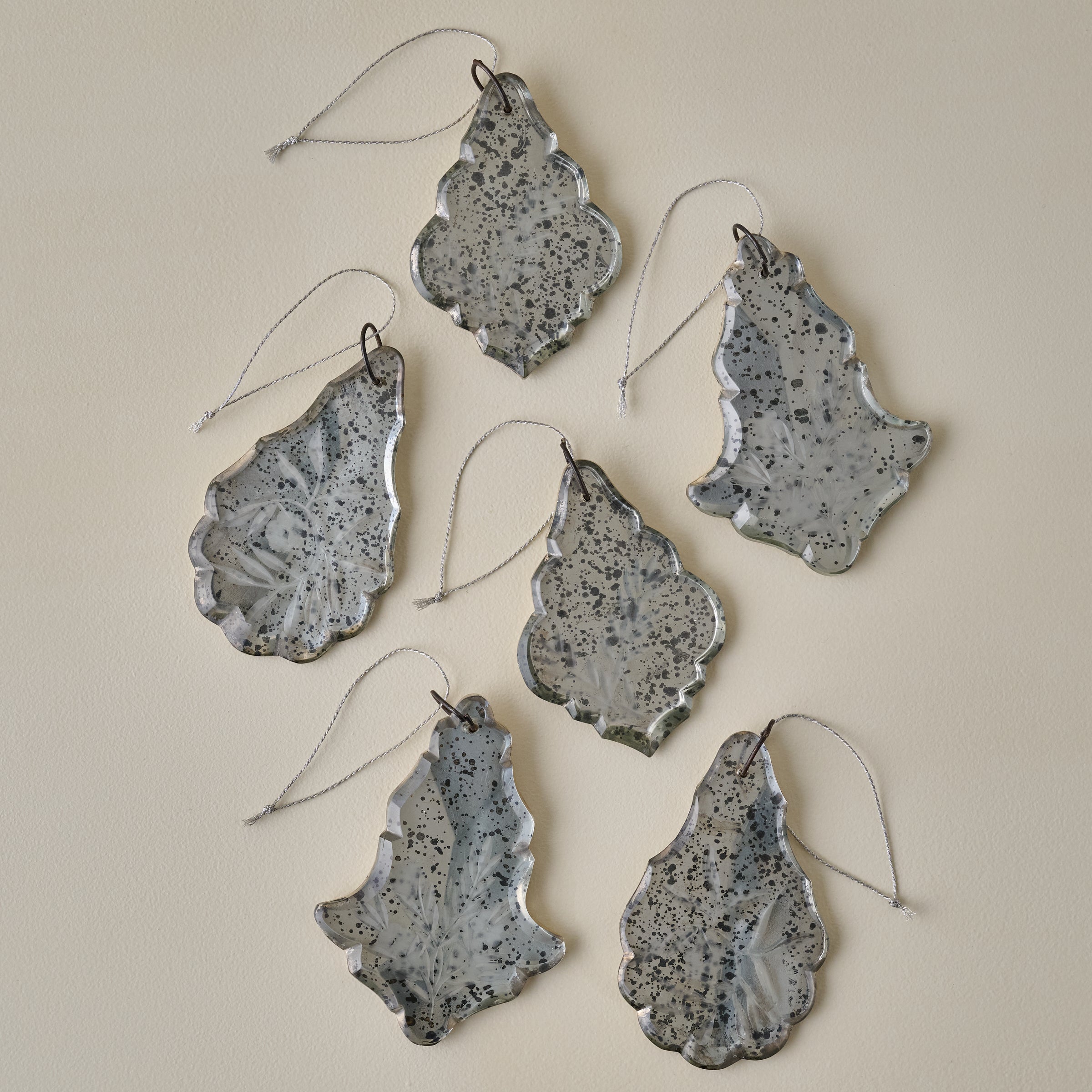 Antique Inspired Etched Glass Ornaments, Set of 6