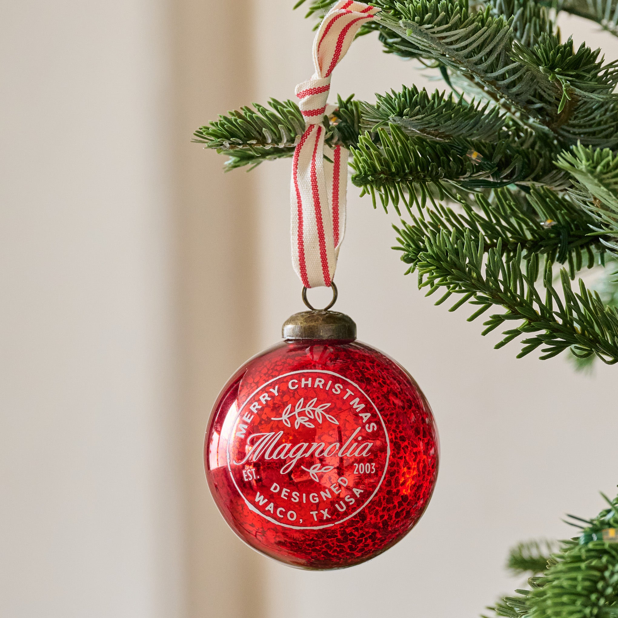 Magnoliass Mercury Glass Ornament showhn hung from branch