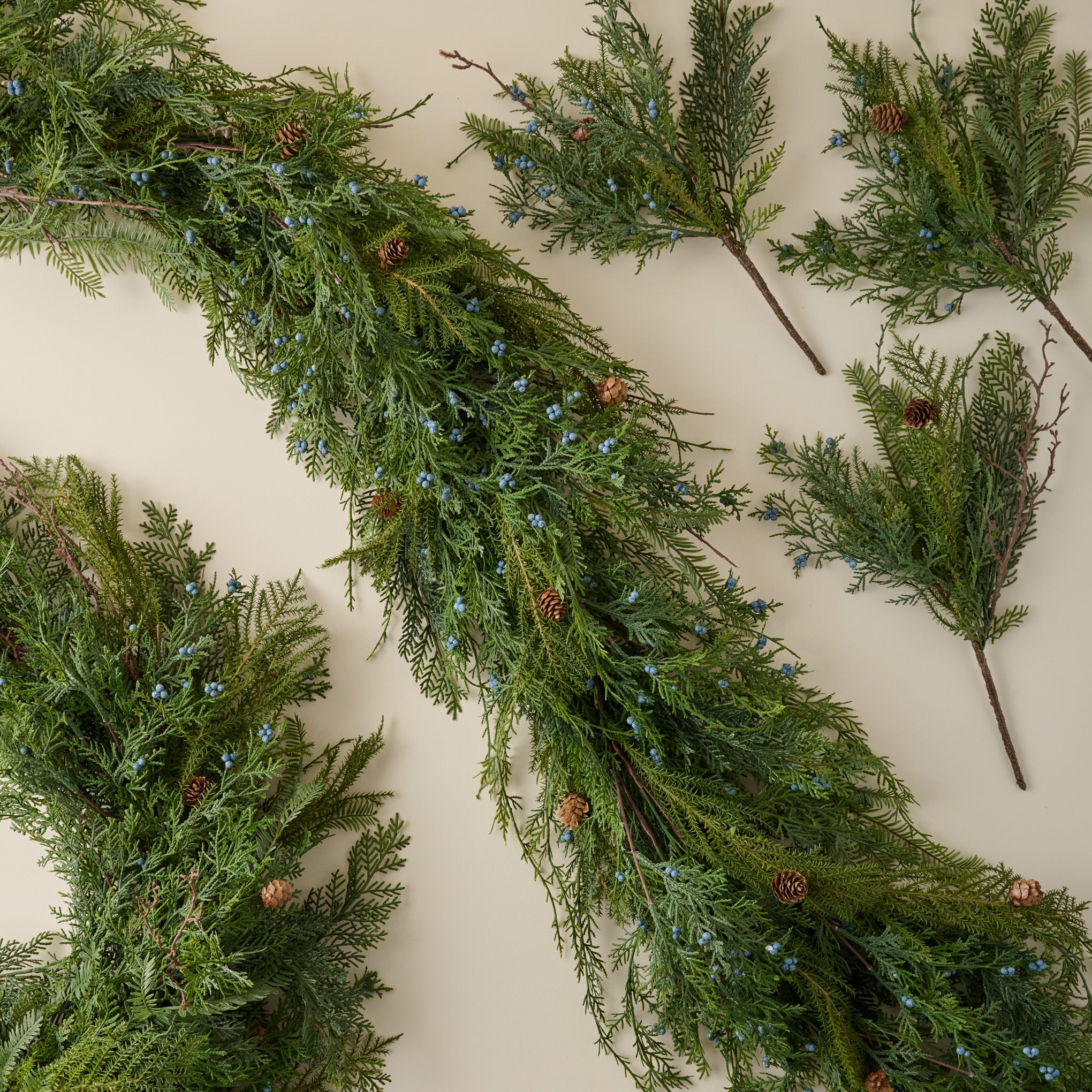 Real Touch Juniper Berry Pine Wreath shown with matching garland and stems
