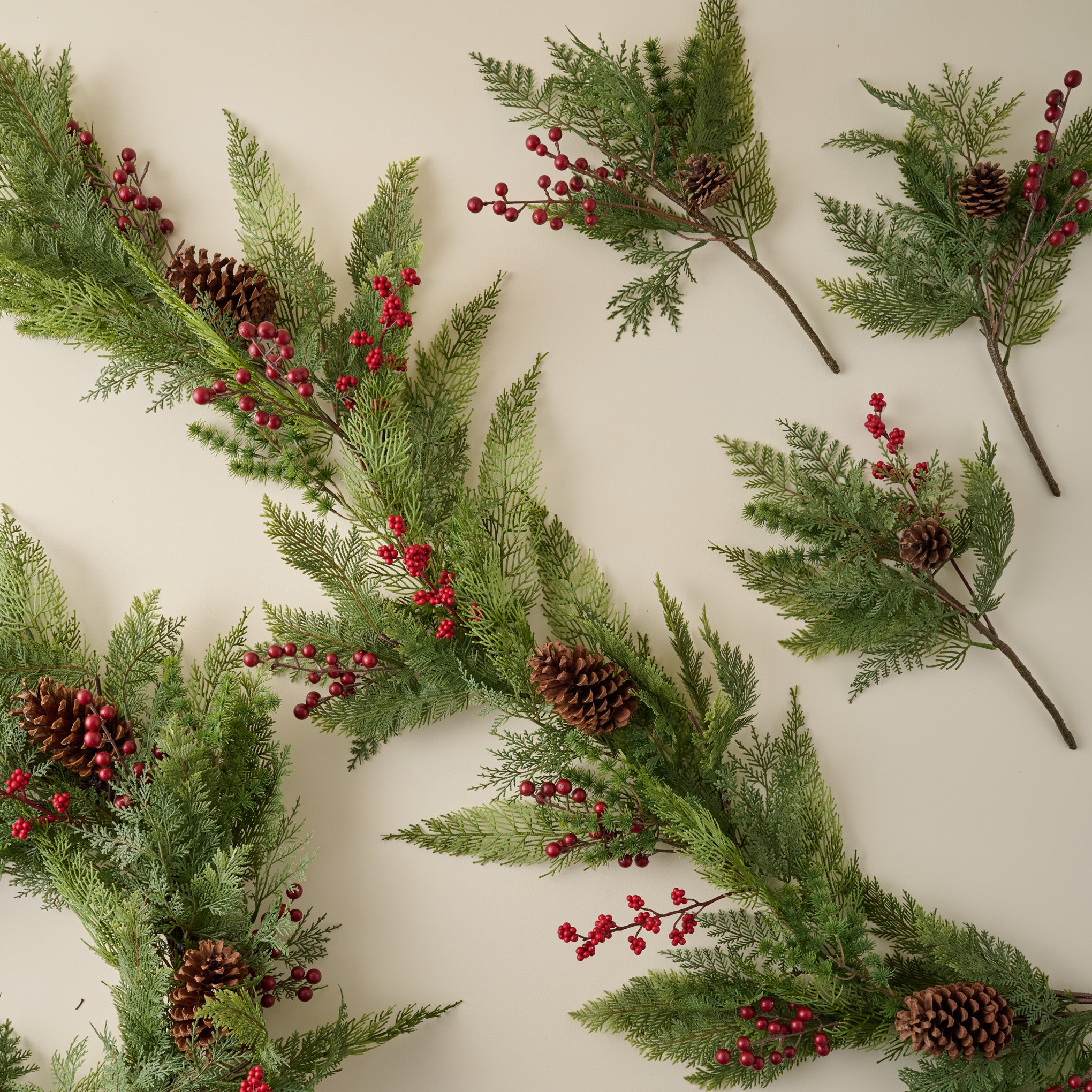 Real Touch Foraged Red Berry Pine Garland - 72" shown with matching stems and wreath
