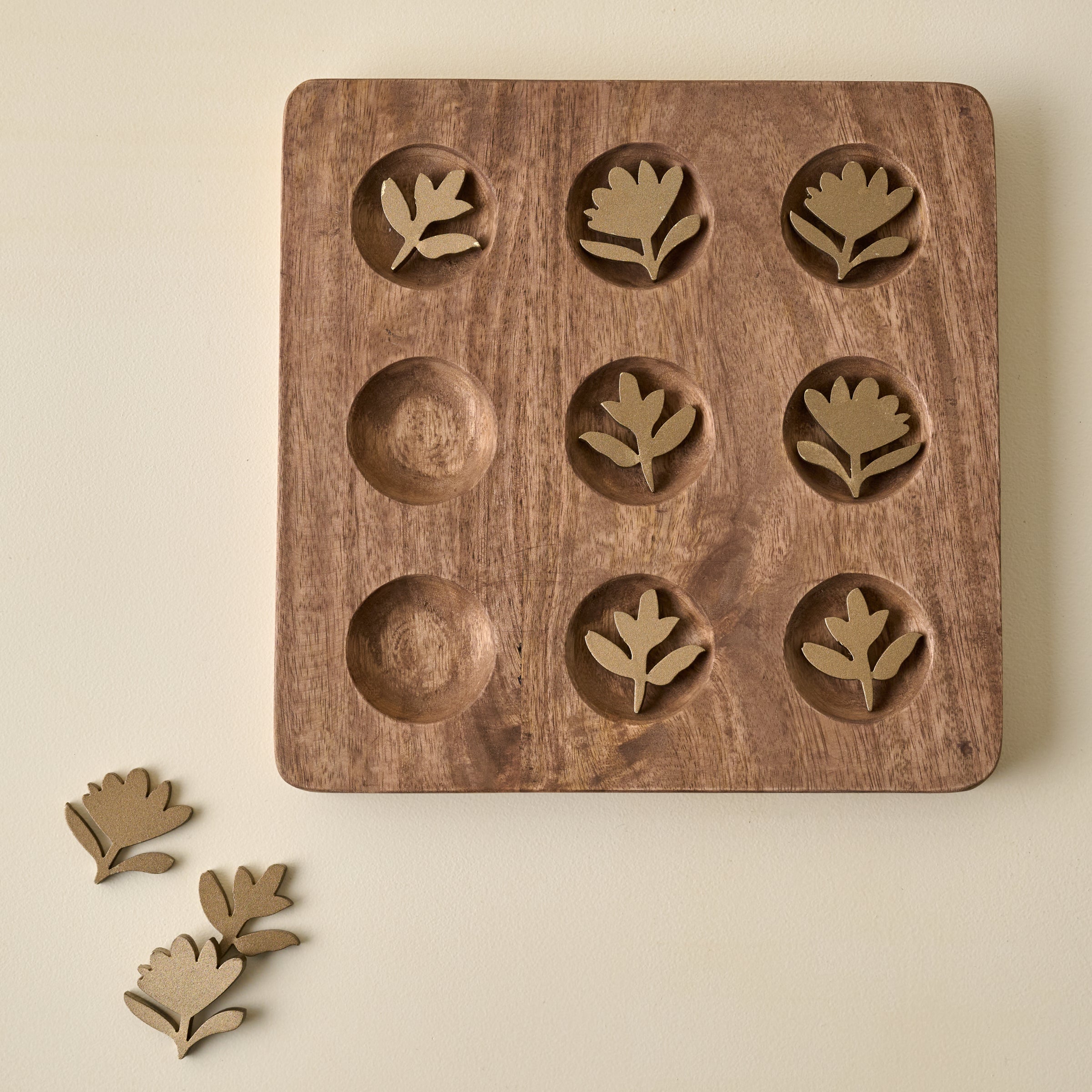 Hand Carved Wood Floral Tic Tac Toe