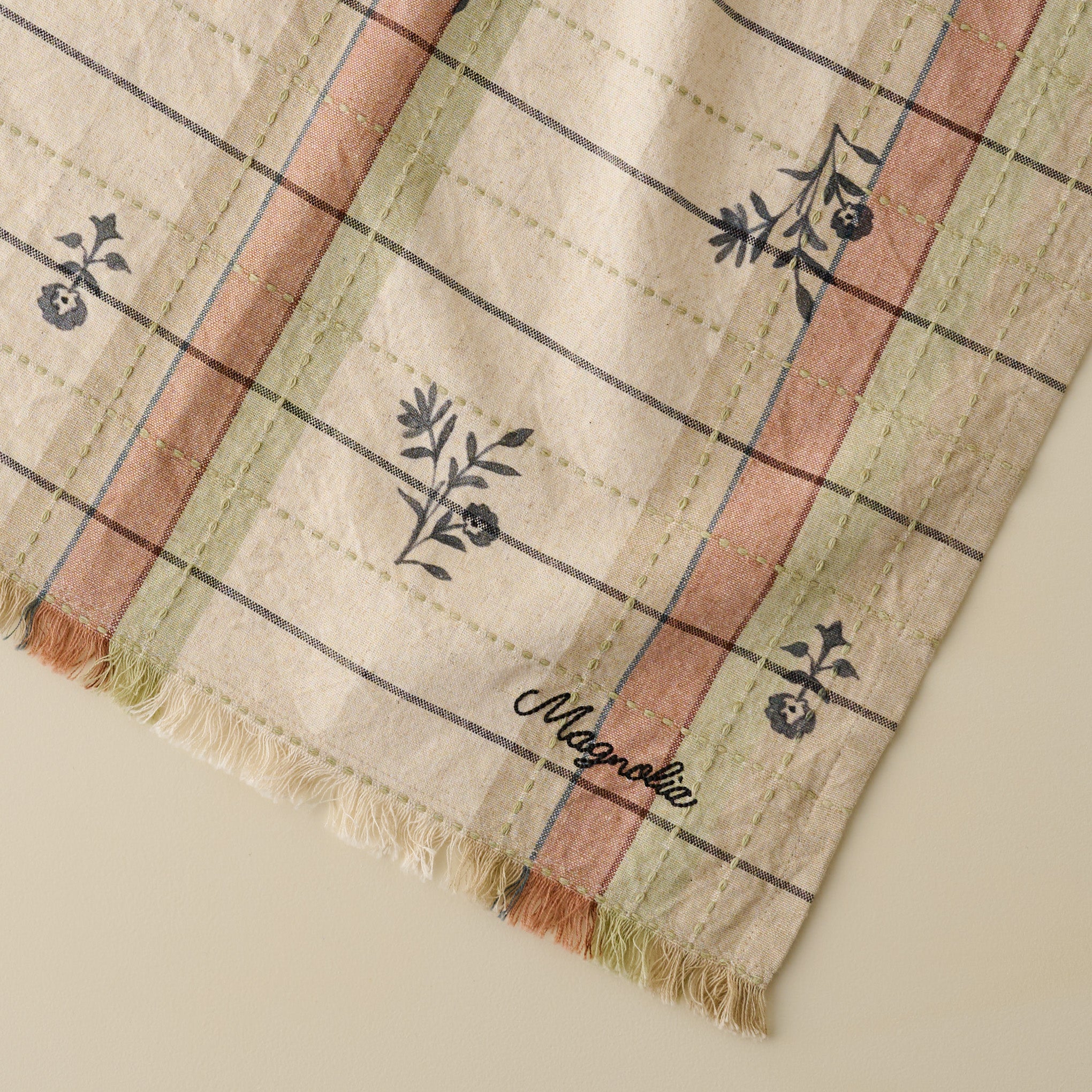 Magnoliass Dawn Plaid Tea Towel close up view 