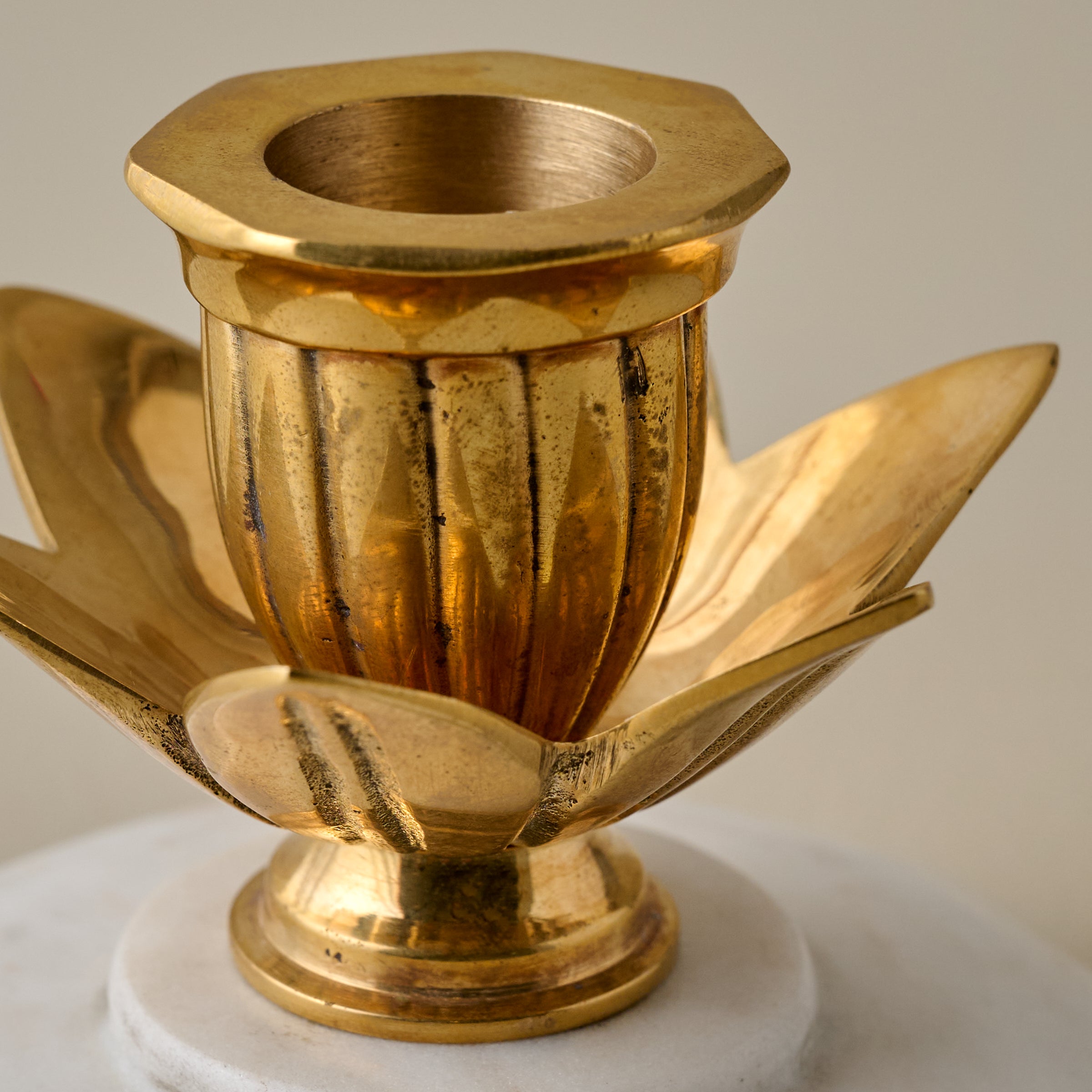 Marble and Brass Tulip Candleholder close up view