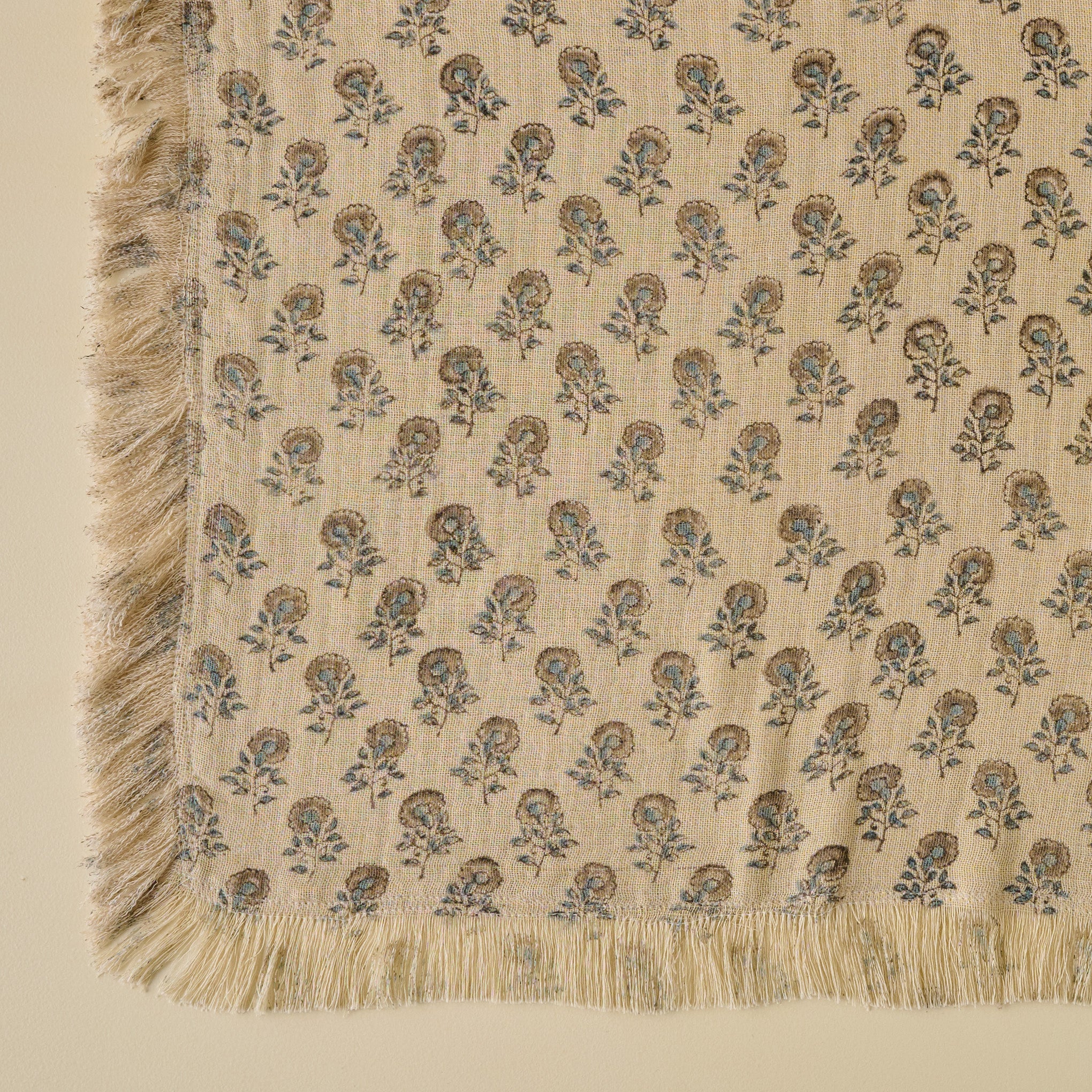 Floral Block Print Reversible Throw close up of floral motif detail with fringe border