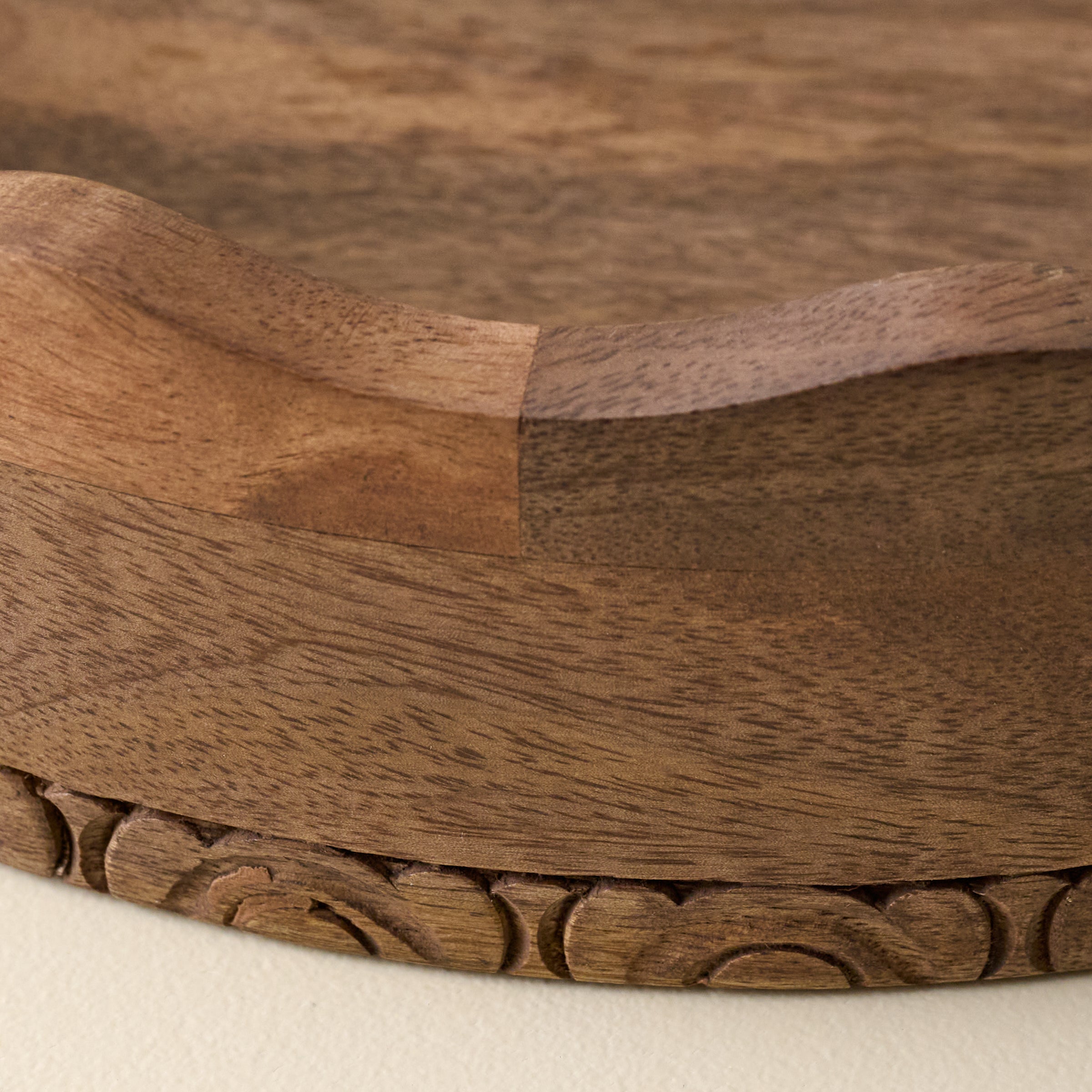 Caroline Carved Wood Round Scalloped Tray close up view