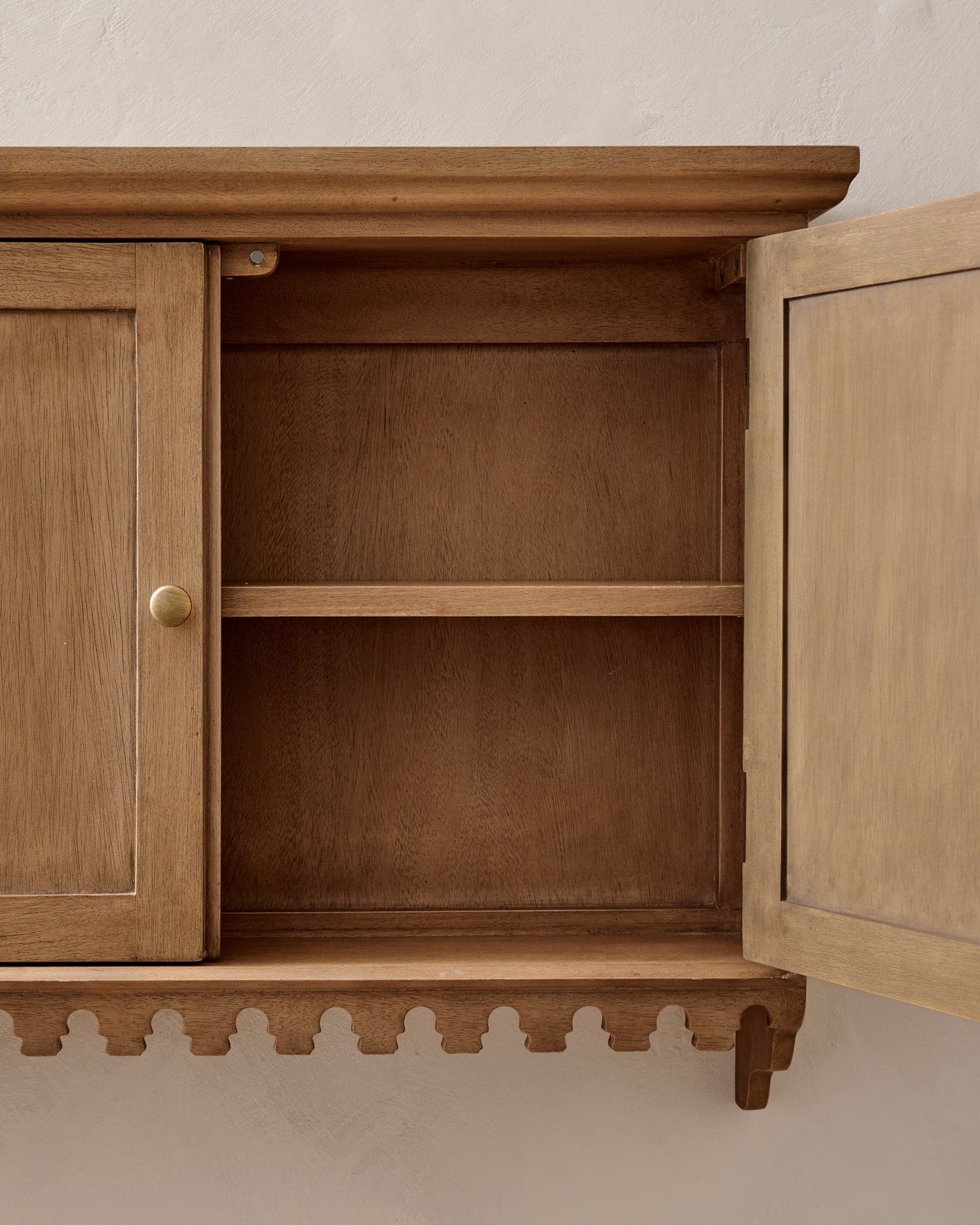 Archie Scalloped Wooden Wall Cabinet close up with one door open 