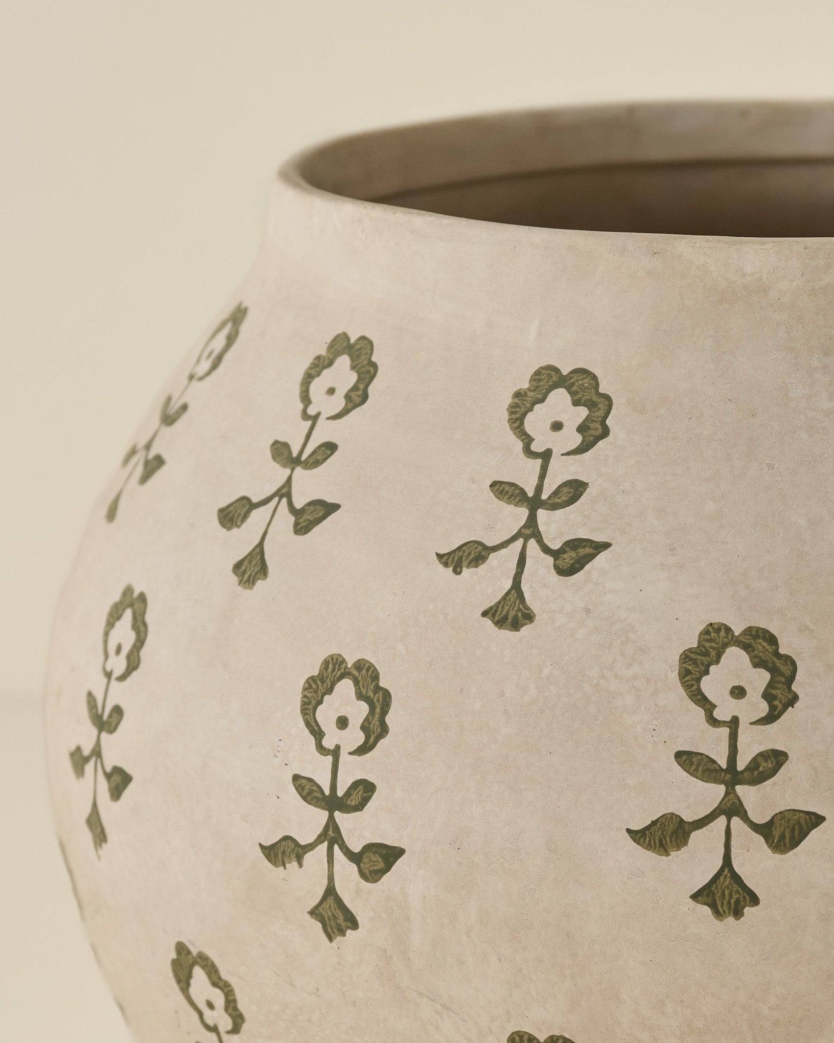 Merritt Block Print Vase (large) close up of green floral motif