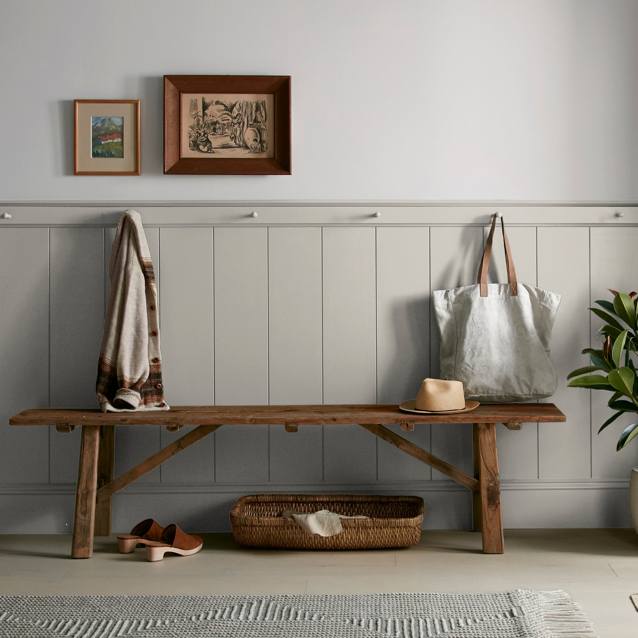 medium warm grey paint named sunday stroll shown painted on entryway wall
